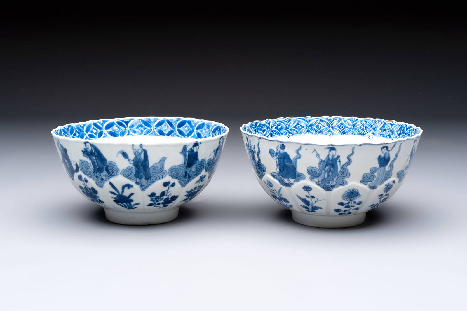Two Chinese blue and white 'immortals' bowls, Chenghua and Kangxi mark, Kangxi