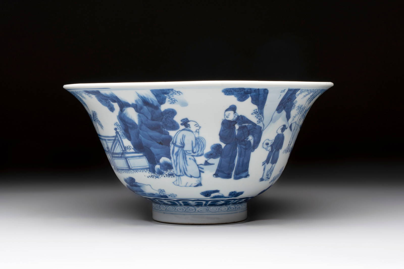 A large Chinese blue and white 'Zhu Lin Qi Xian' bowl, Kangxi