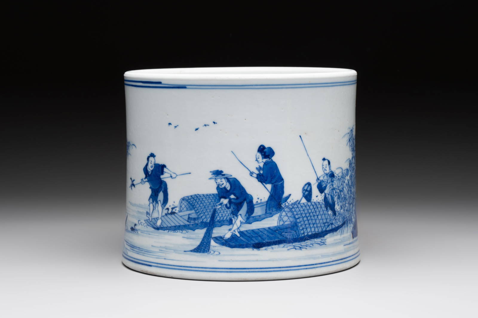 A fine Chinese blue and white 'fishermen and poem' bitong, Shang seal mark, Kangxi