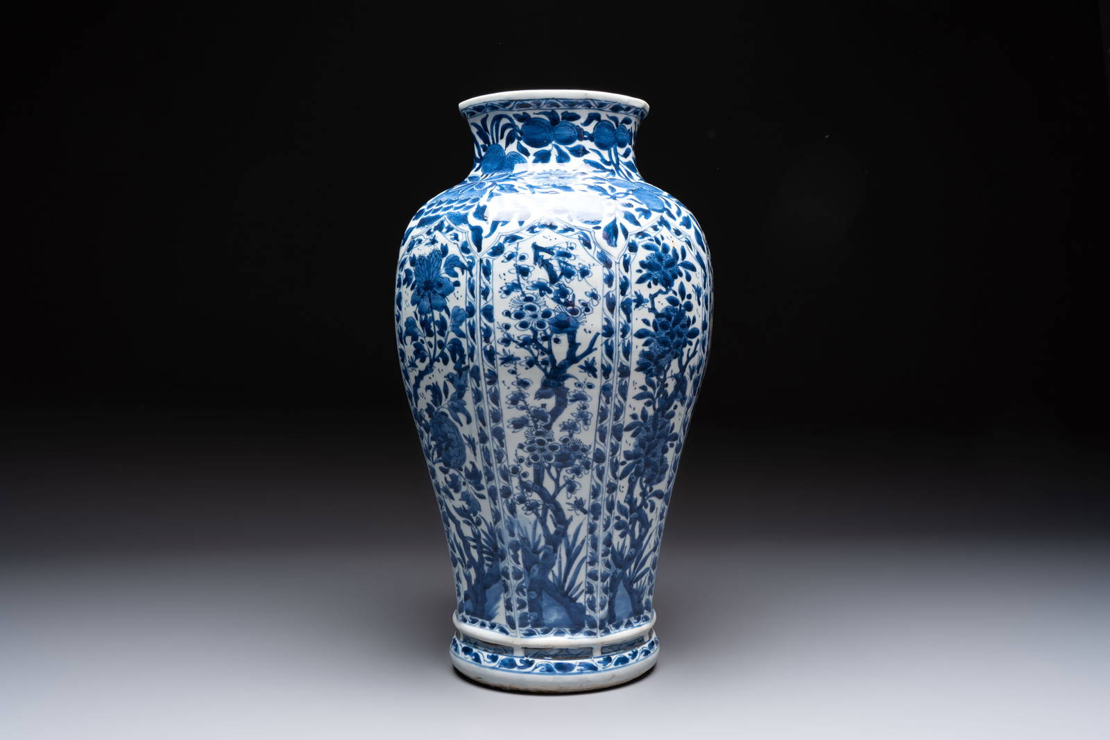 A Chinese blue and white octagonal vase with birds among flowering branches, Kangxi