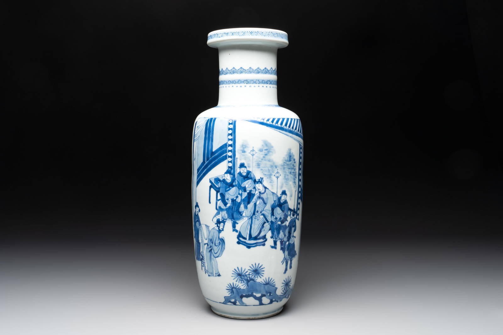 A Chinese blue and white rouleau vase with narrative design, Kangxi