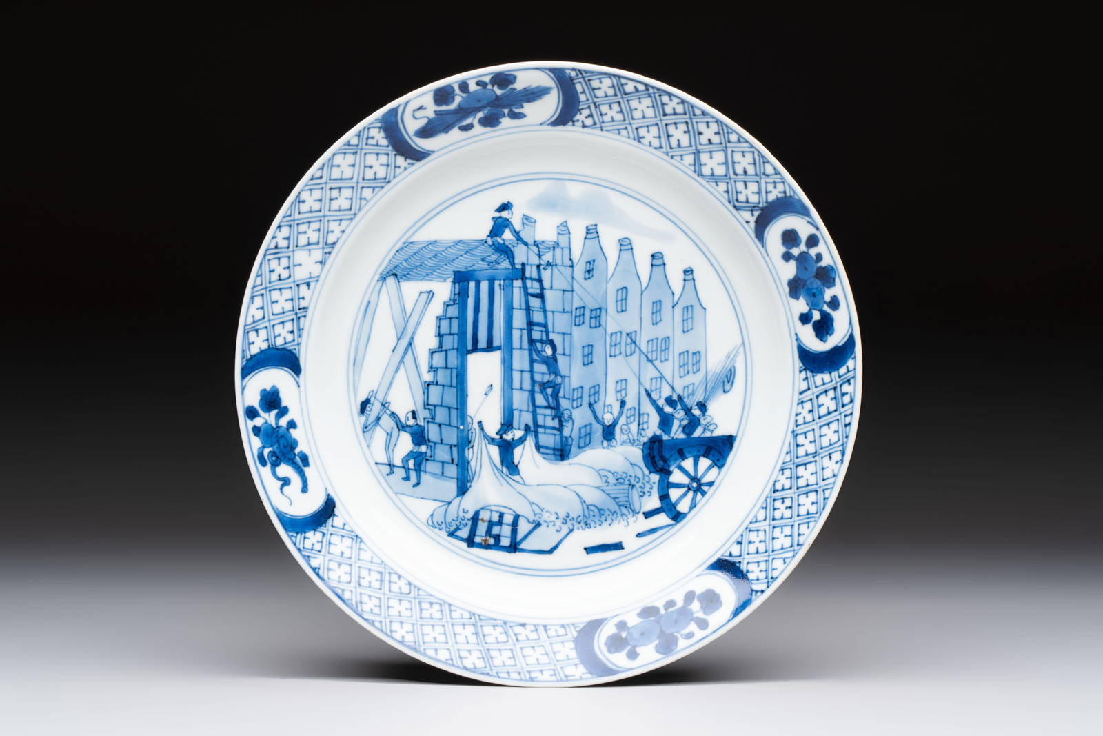 A Chinese blue and white 'Rotterdam Riot' plate, Chenghua mark, Kangxi