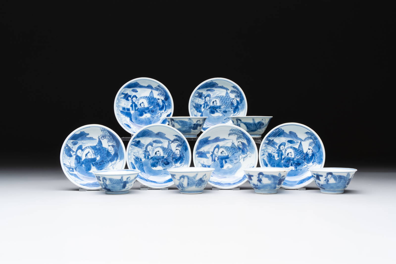 A set of six Chinese blue and white cups and saucers, Qing Yu Tang and Lin Yu Tang marks, Kangxi