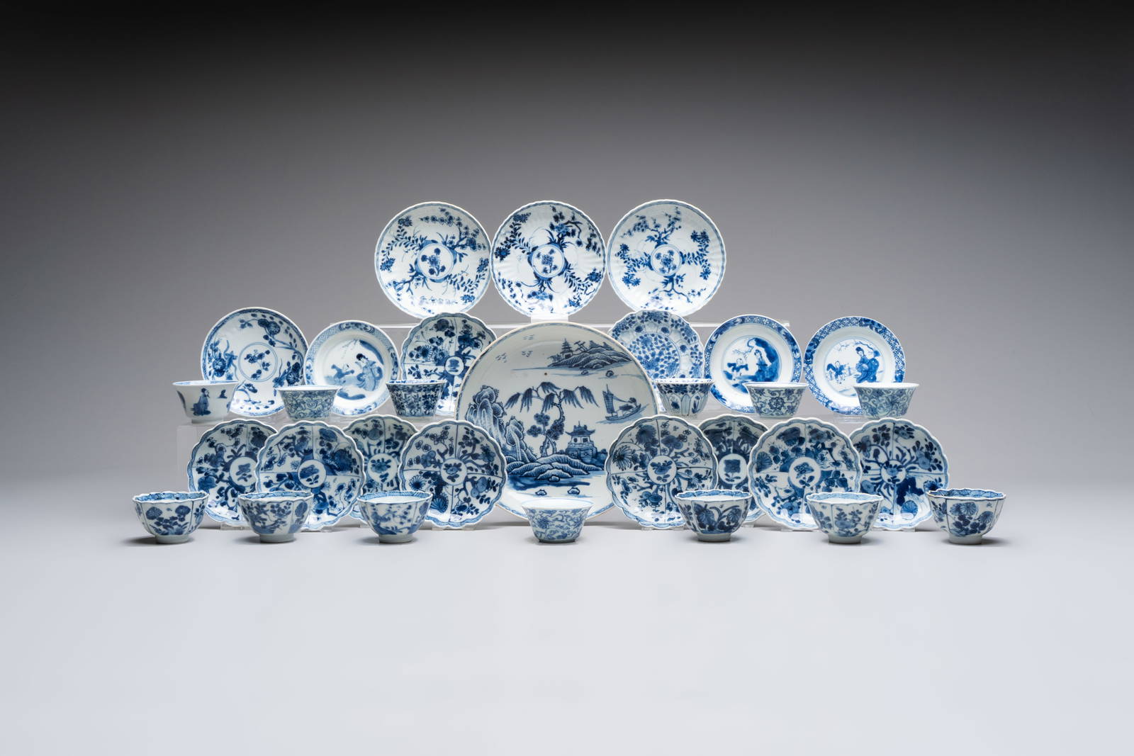 A collection of 31 Chinese blue and white tea wares, Wanli and Chenghua marks, Kangxi