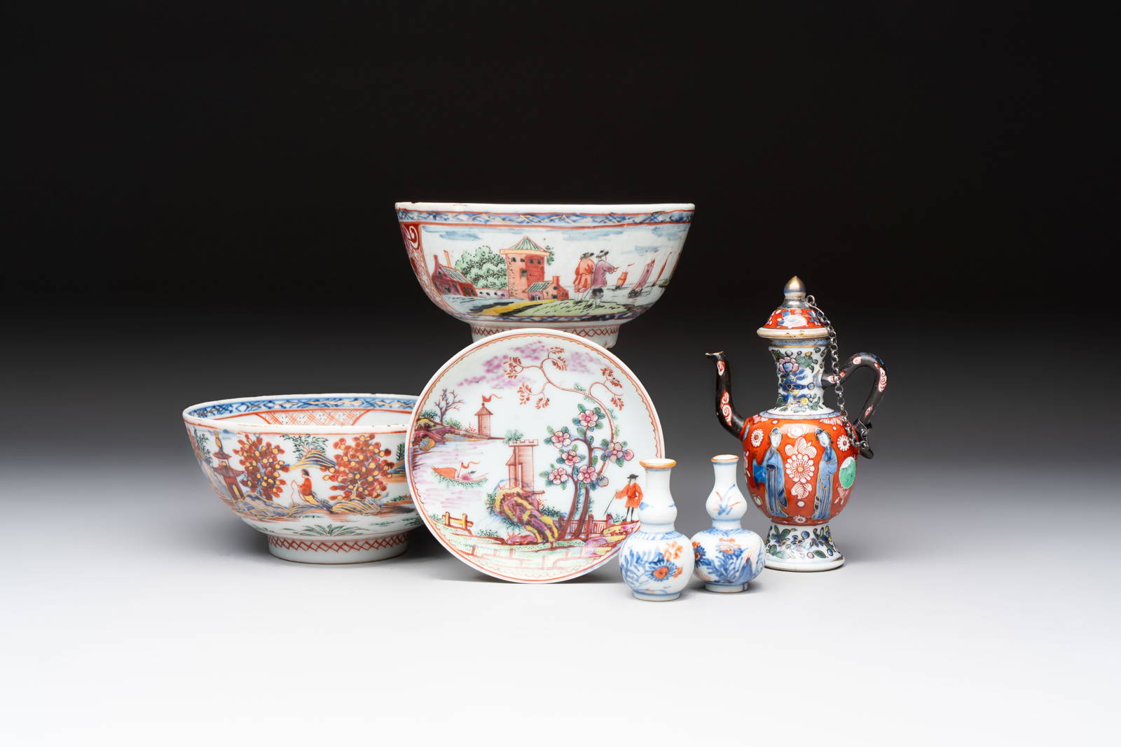 Six varied Chinese European-decorated wares, Kangxi/Qianlong