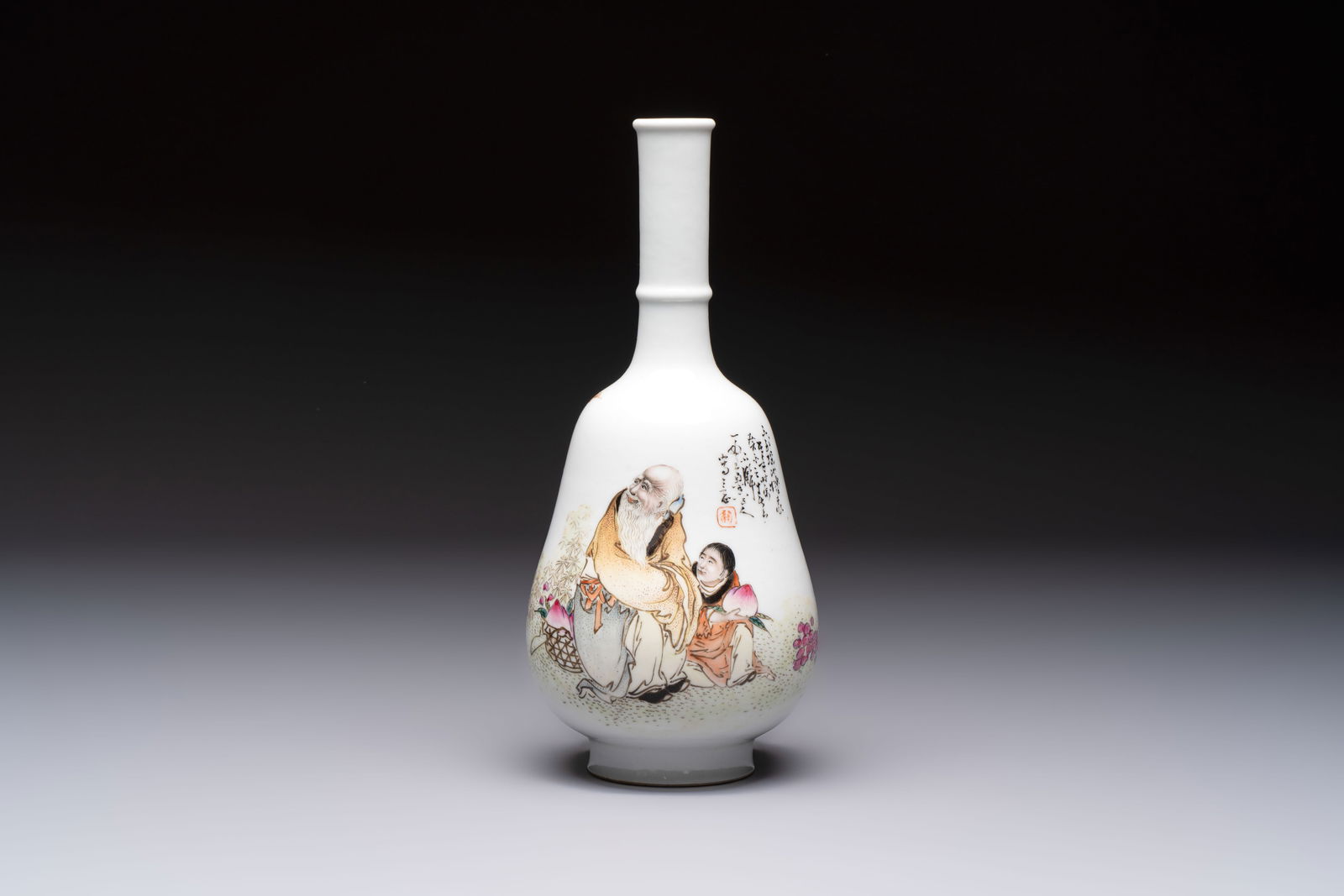 A Chinese famille rose 'Shoulao' bottle vase, signed Wang Qi, Taozhai seal mark, dated 1943 (1 of 6)