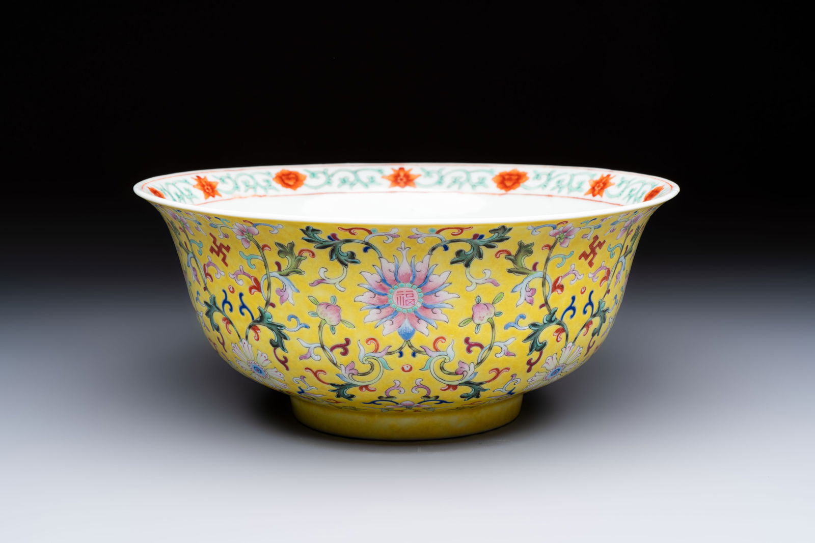 A rare Chinese famille rose yellow-ground bowl from the imperial workshops, Jiang Shi Qian Ju mark, (1 of 7)