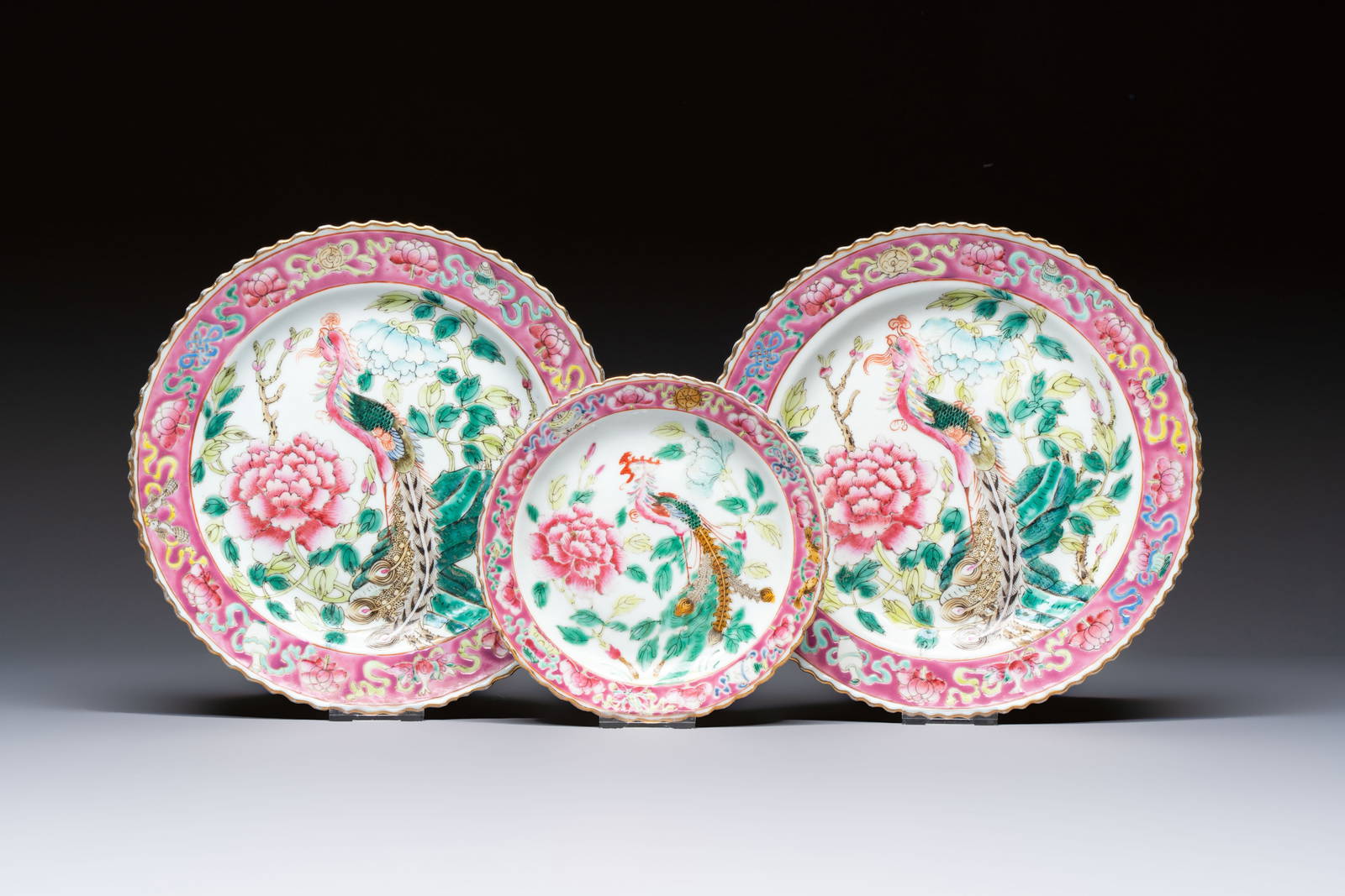 Three Chinese famille rose 'Phoenix and Peony' plates for the Straits or Peranakan market, Jingzhen