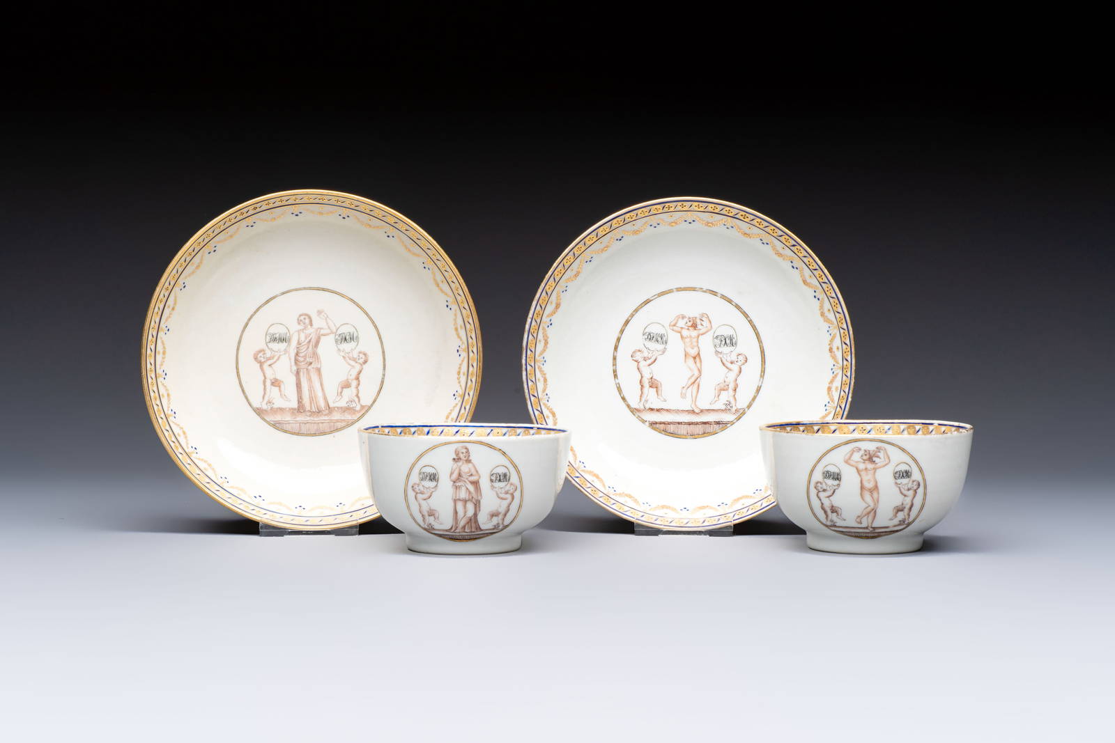 Two sets of Chinese export monogrammed polychrome cups and saucers, Qianlong/Jiaqing