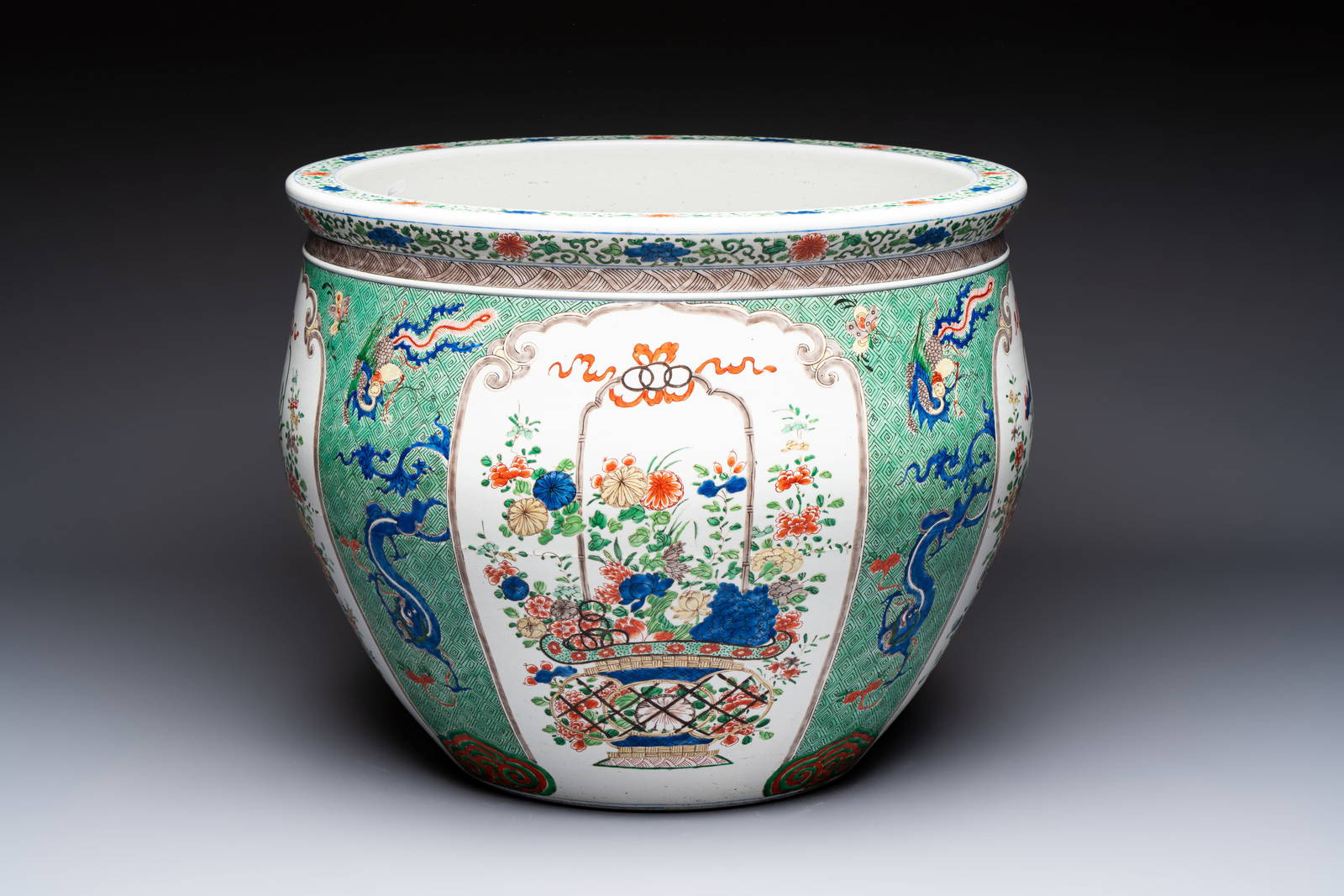A large famille verte-style 'Flower Basket' scroll pot or fish bowl, Samson, Paris, 19th C.