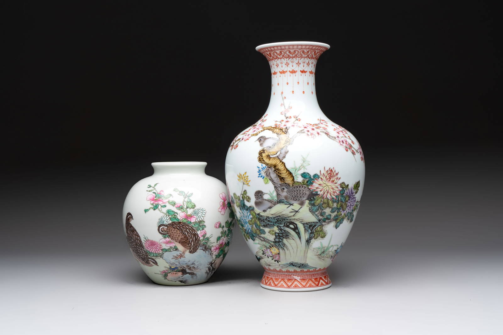 Two Chinese famille rose vases with birds and flowers, Qianlong mark, Republic
