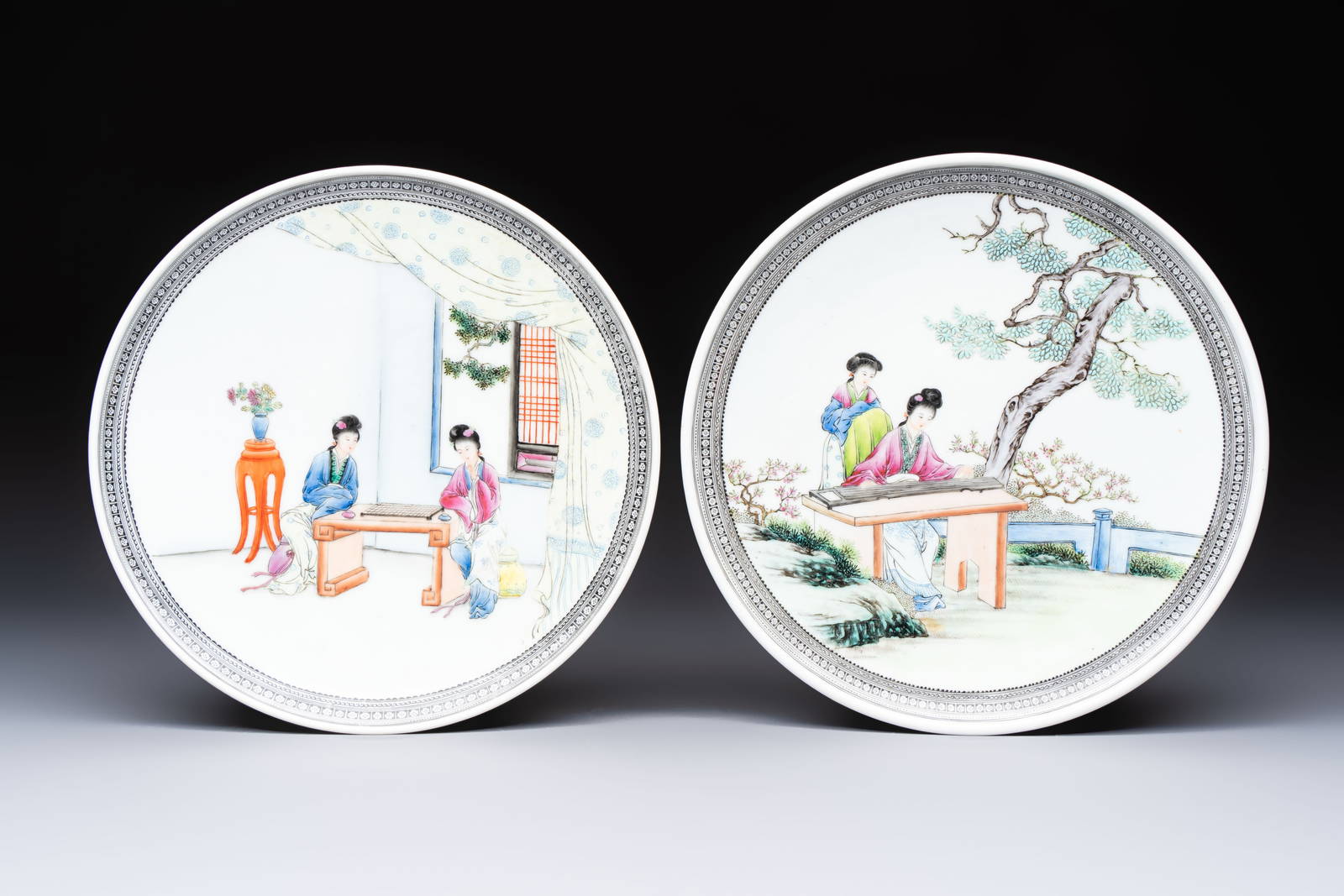 A pair of fine Chinese famille rose 'Ladies' plates, Qianlong marks, Republic
