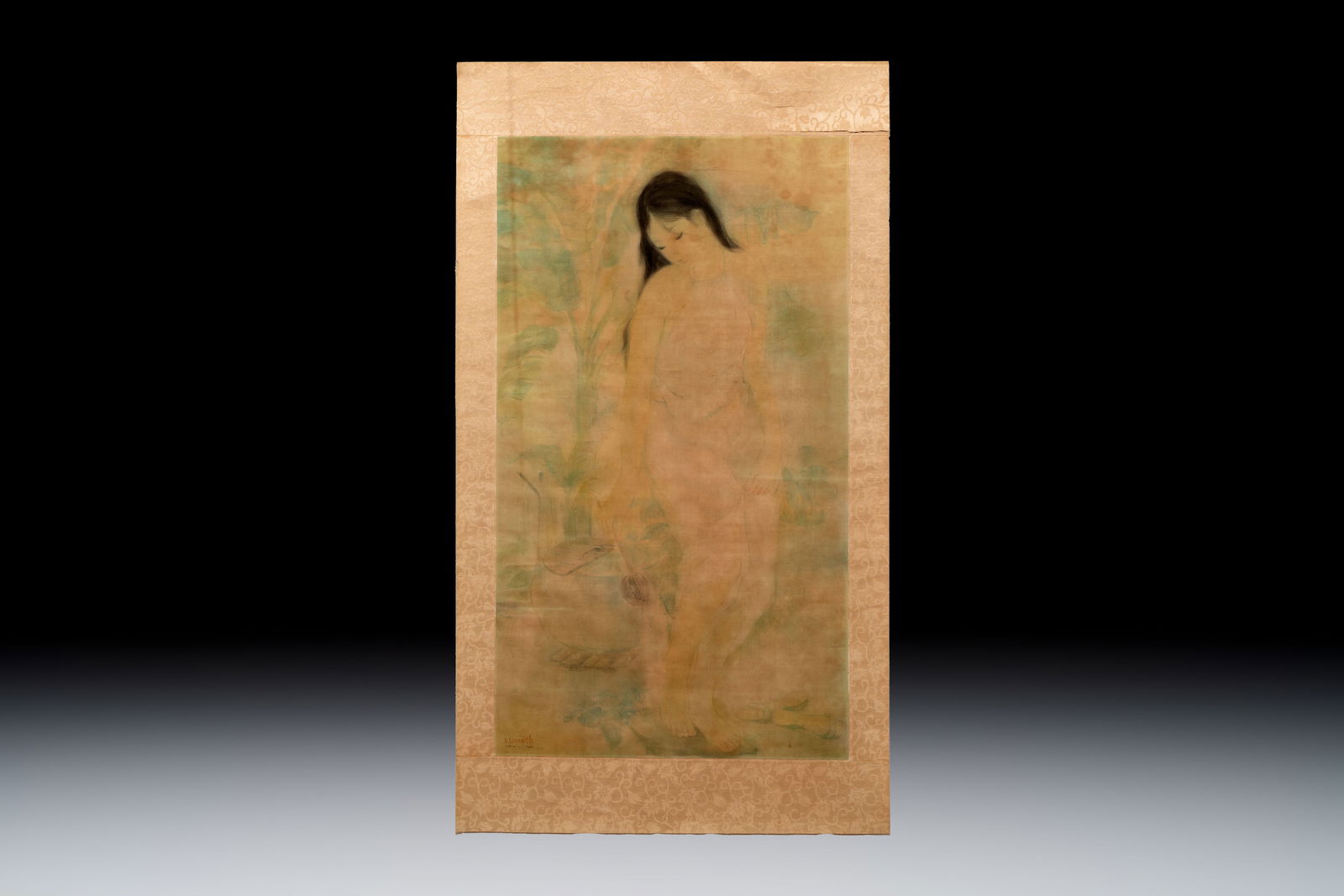 Attributed to Nguyen Gia Tri (1908-1993): 'Bather', ink and watercolour on silk, Tien Sa, dated 1st (1 of 3)