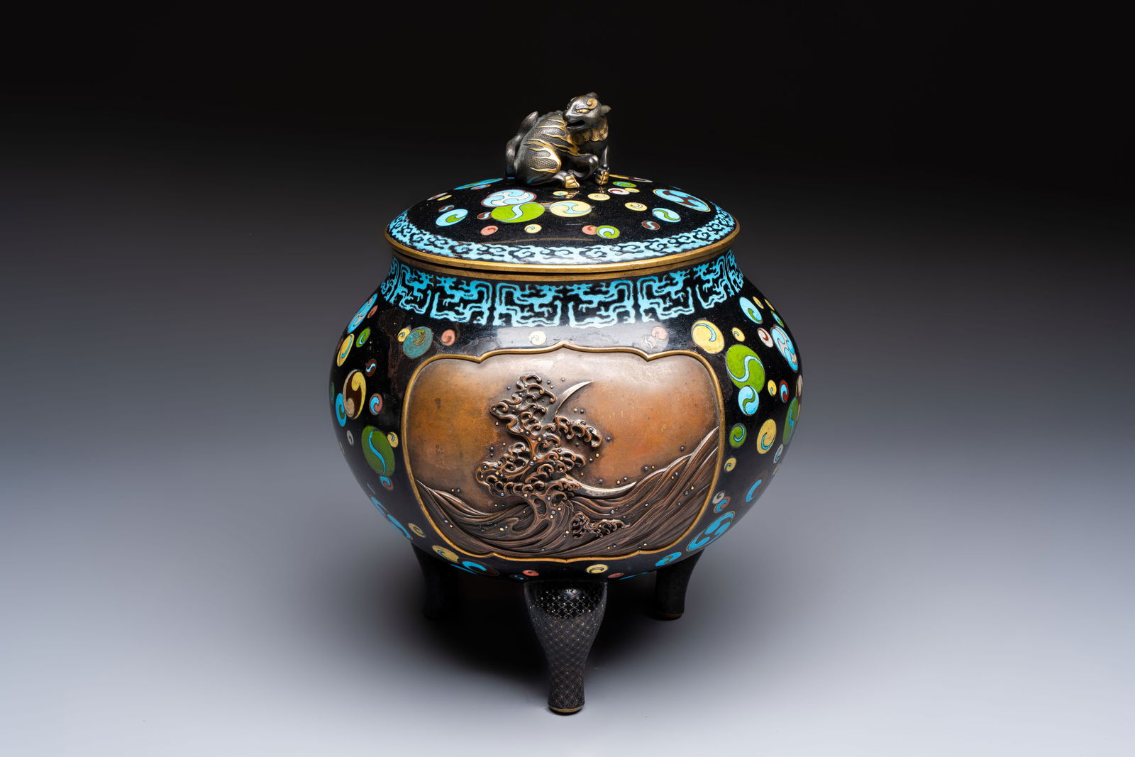 A fine Japanese cloisonné tripod censer and cover with a mythical-animal-form finial, Meiji, 19th (1 of 7)
