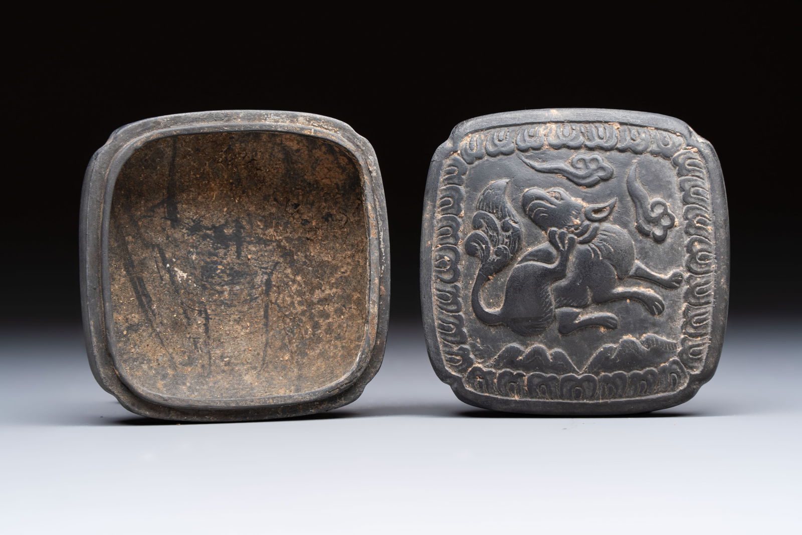 A Chinese carved black pottery 'Mythical Animal' box and cover, Yuan/Ming (1 of 8)