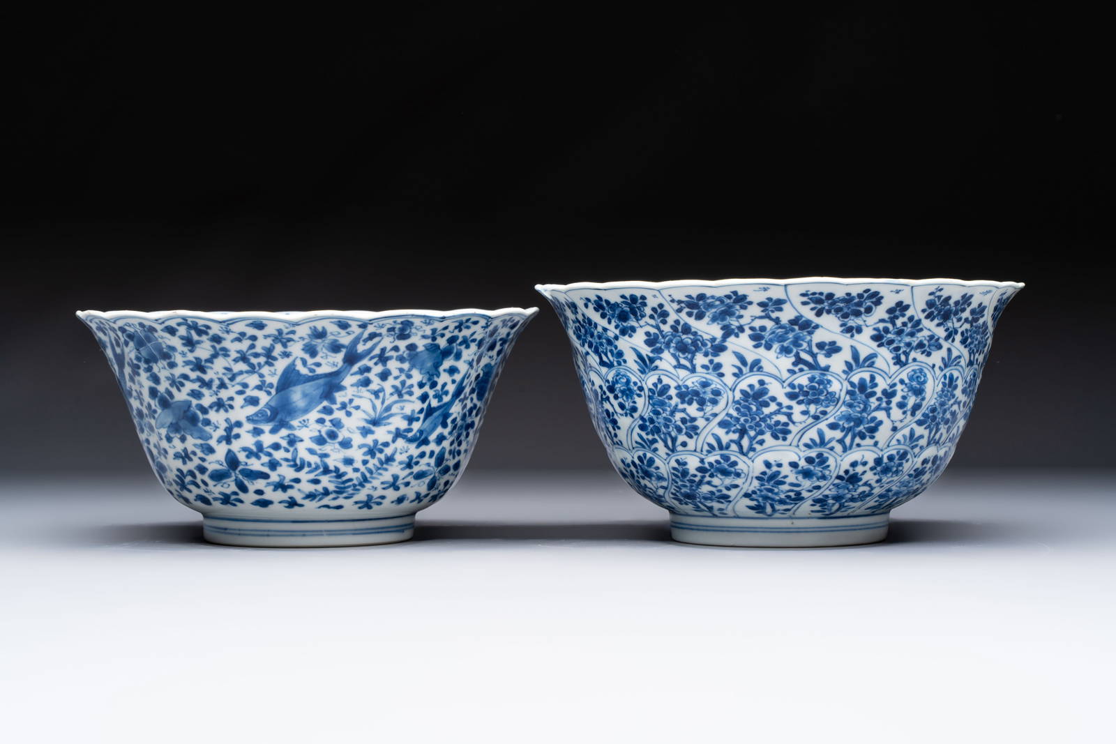 Two Chinese blue and white bowls, longevity and jade mark, Kangxi