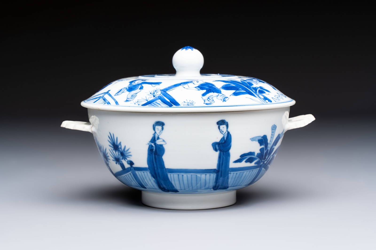 A Chinese blue and white 'Long Elizas and Playing Boys' bowl and cover, Chenghua mark, Kangxi