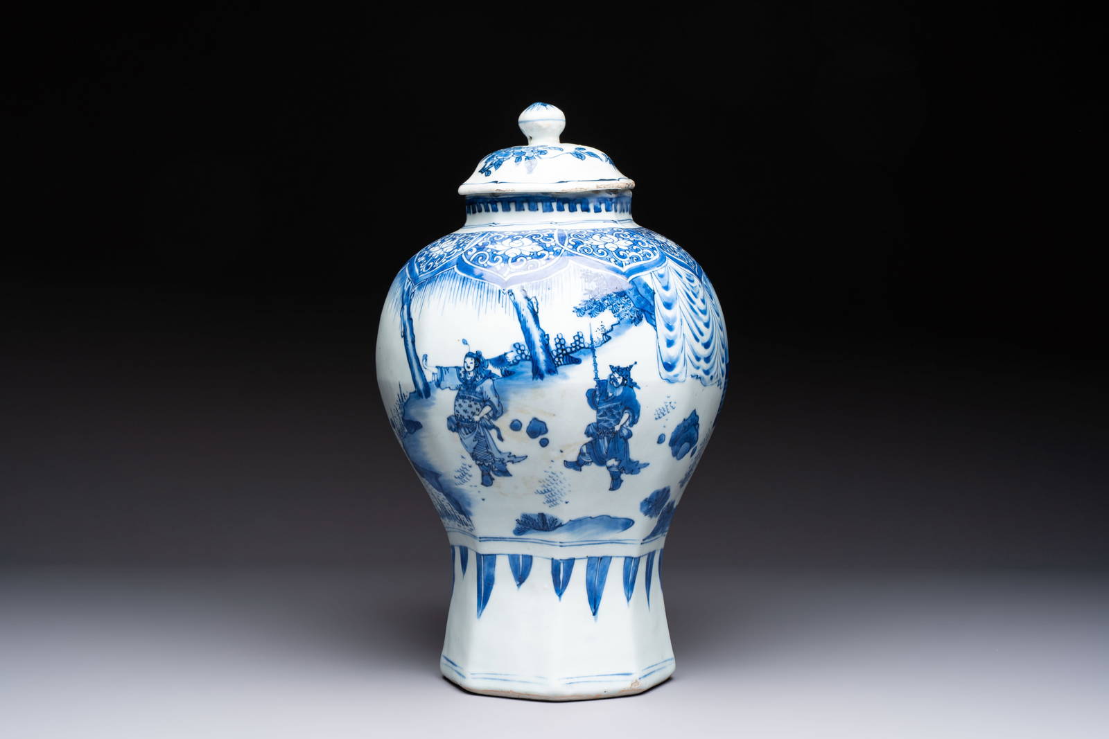 A Chinese blue and white 'Li Shimin and Qin Qiong' vase and cover, Transitional period