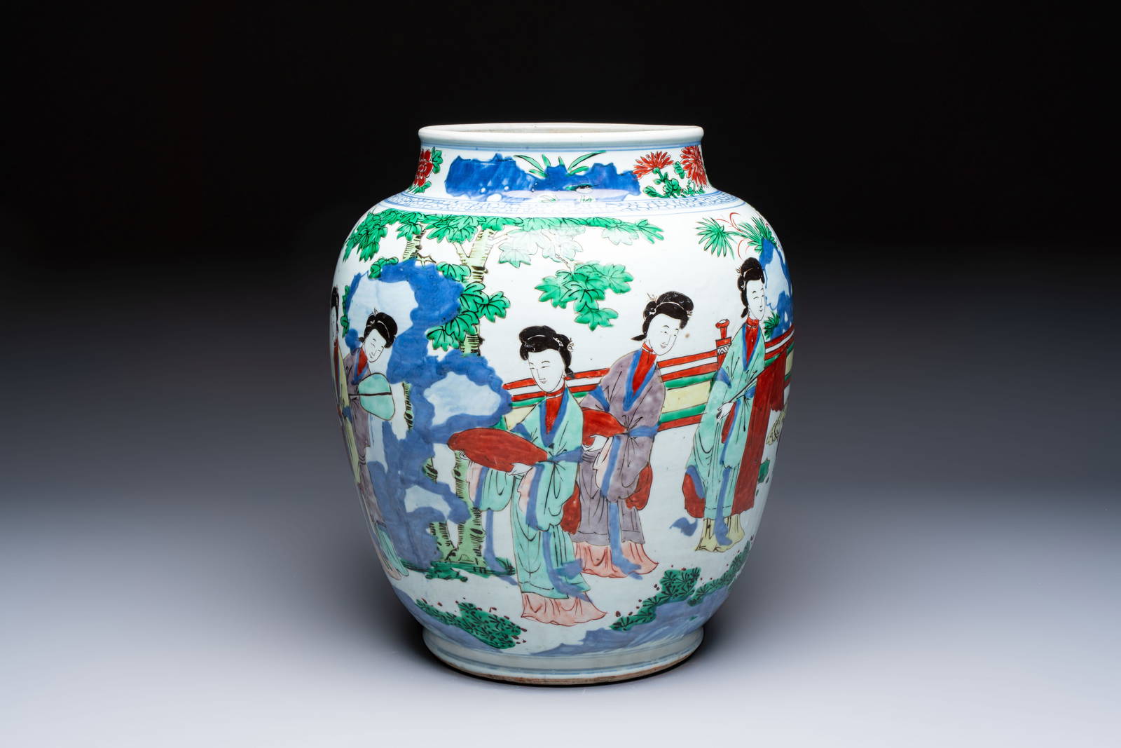 A Chinese wucai 'The Birthday Celebration of Xi Wang Mu' jar, Transitional period