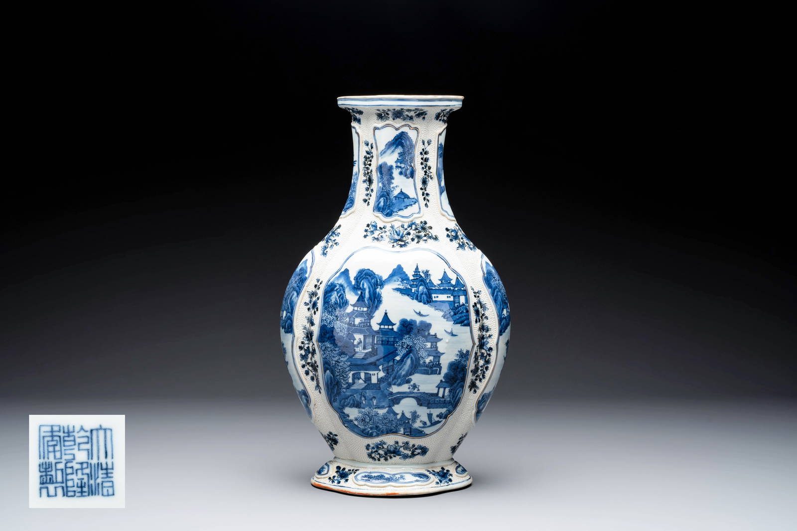 A Chinese blue and white vase depicting the Pearl River and the Whampoa Pagoda, Qianlong mark and of