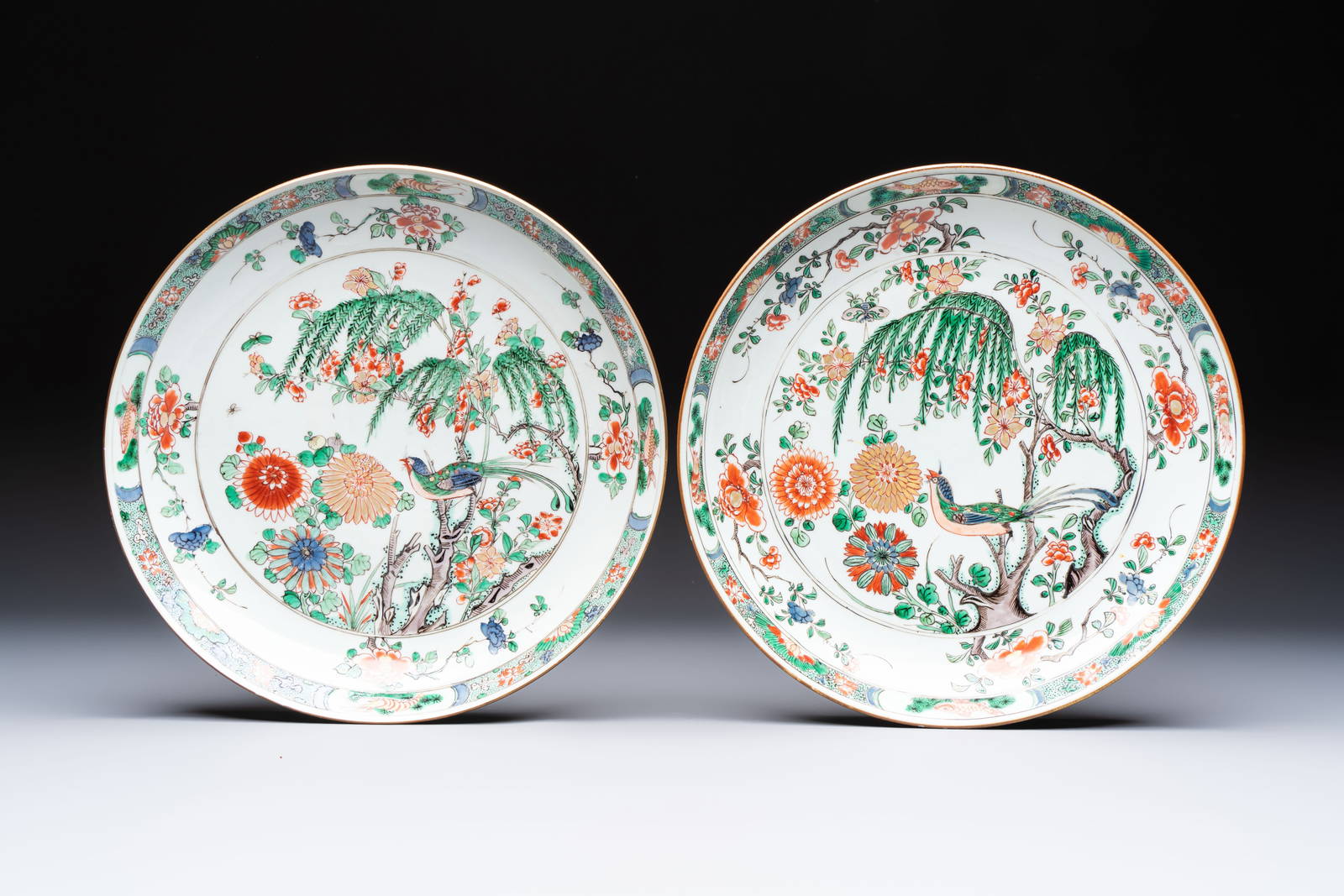 A pair of Chinese famille verte 'Bird Among Flowering Branches' dishes, Kangxi