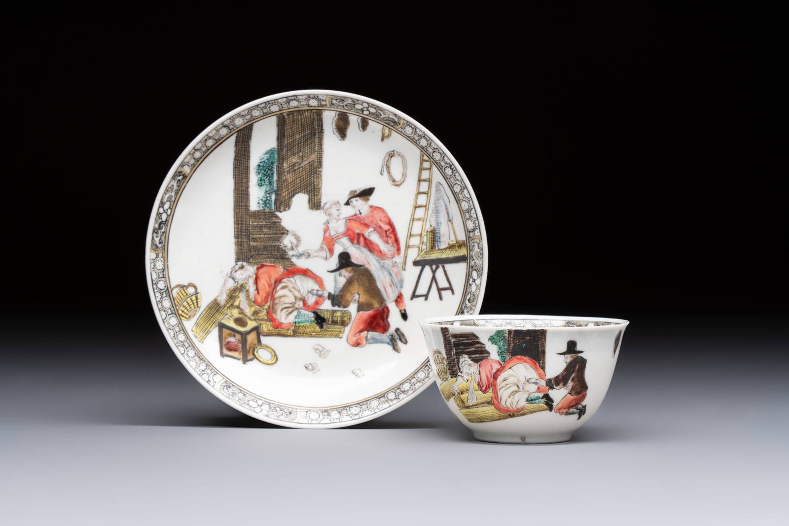 An extremely rare Chinese famille rose 'L'Apoticaire Charitable' cup and saucer, Yongzheng/Qianlong