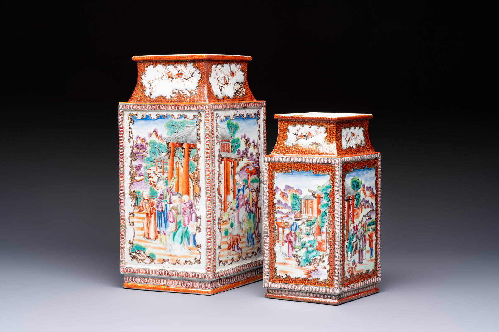 Two Chinese Canton famille rose 'Mandarin Subject' lozenge-shaped vases, Qianlong