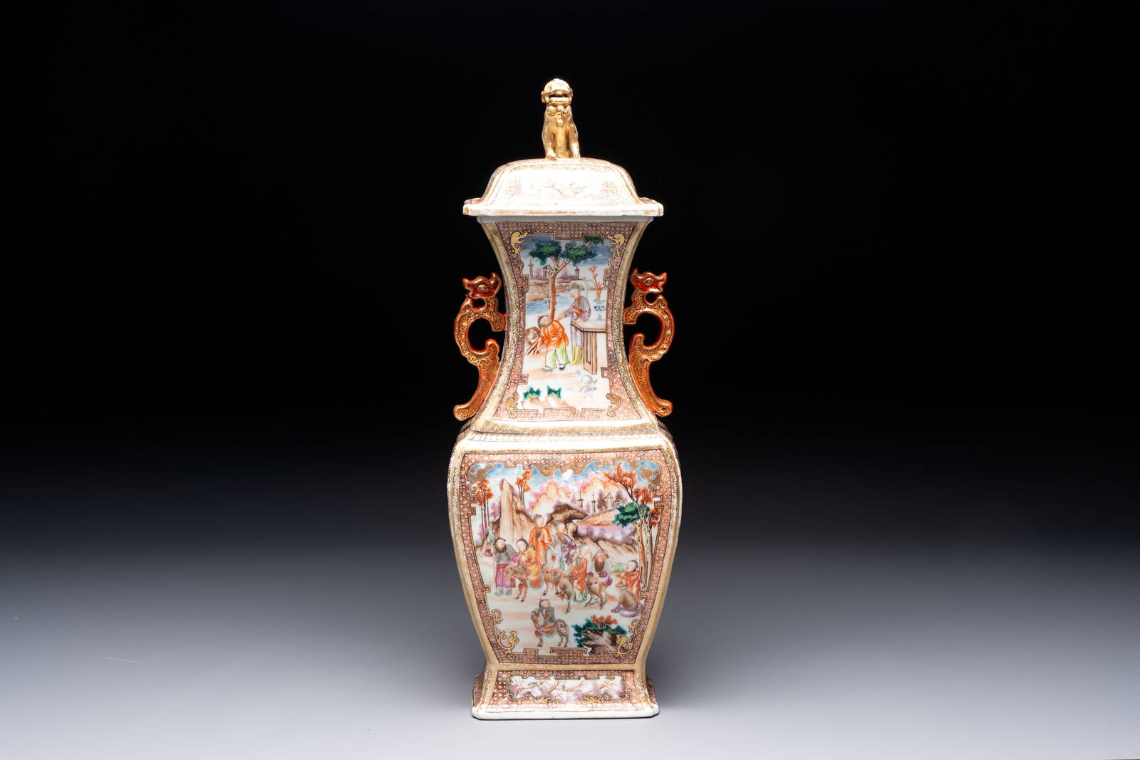 A Chinese Canton gilt-decorated famille rose covered vase with mandarin design, Qianlong
