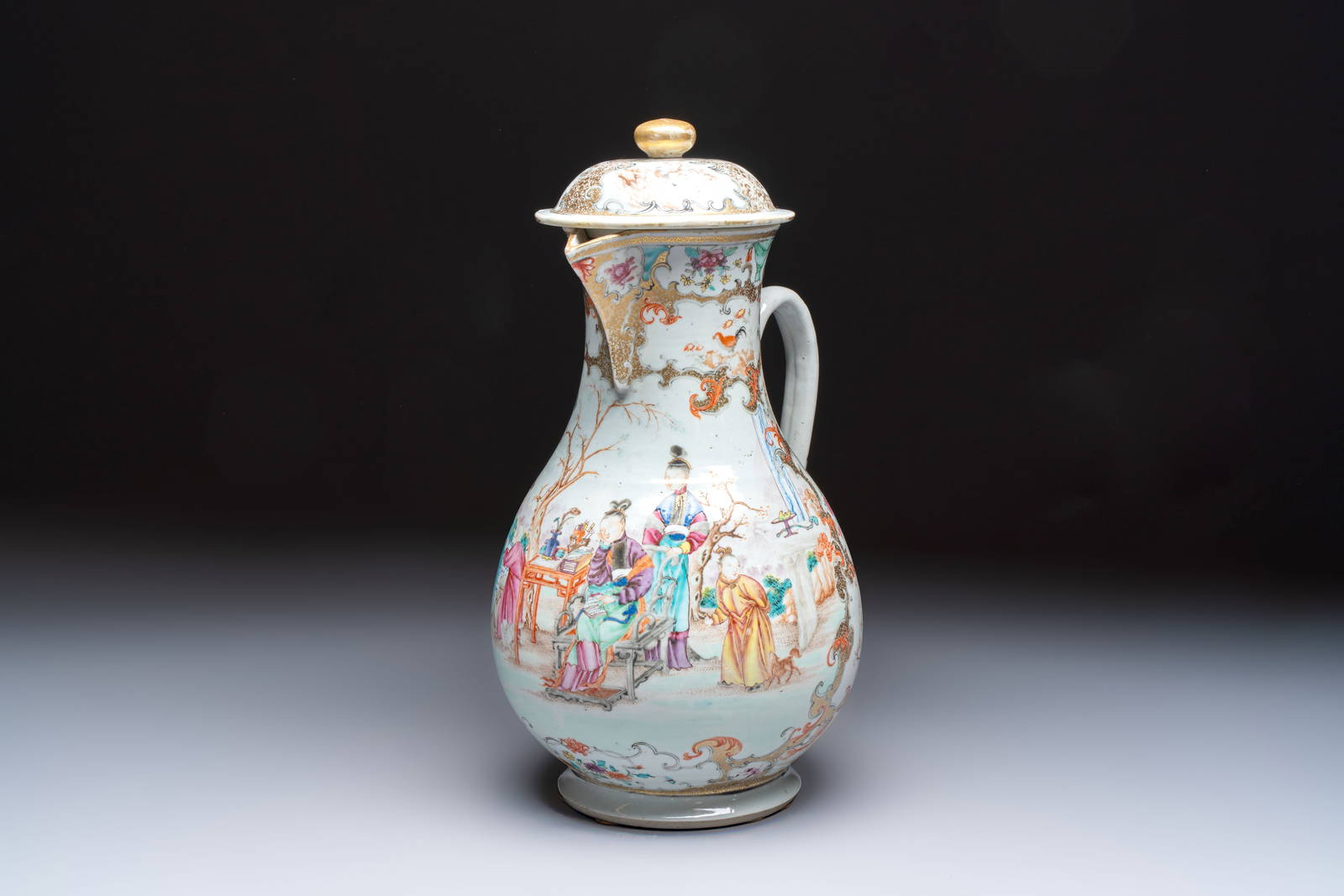 A fine large Chinese famille rose gilt-decorated 'Mandarin Subject' jug and cover, Qianlong