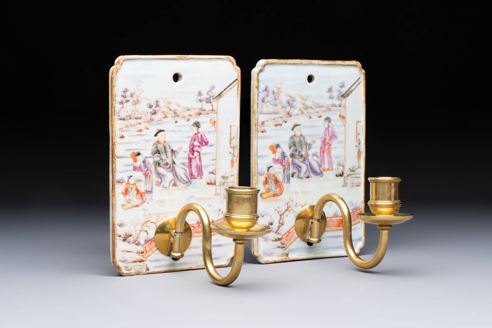 A pair of Chinese Canton famille rose 'Mandarin Subject' wall sconces, Qianlong