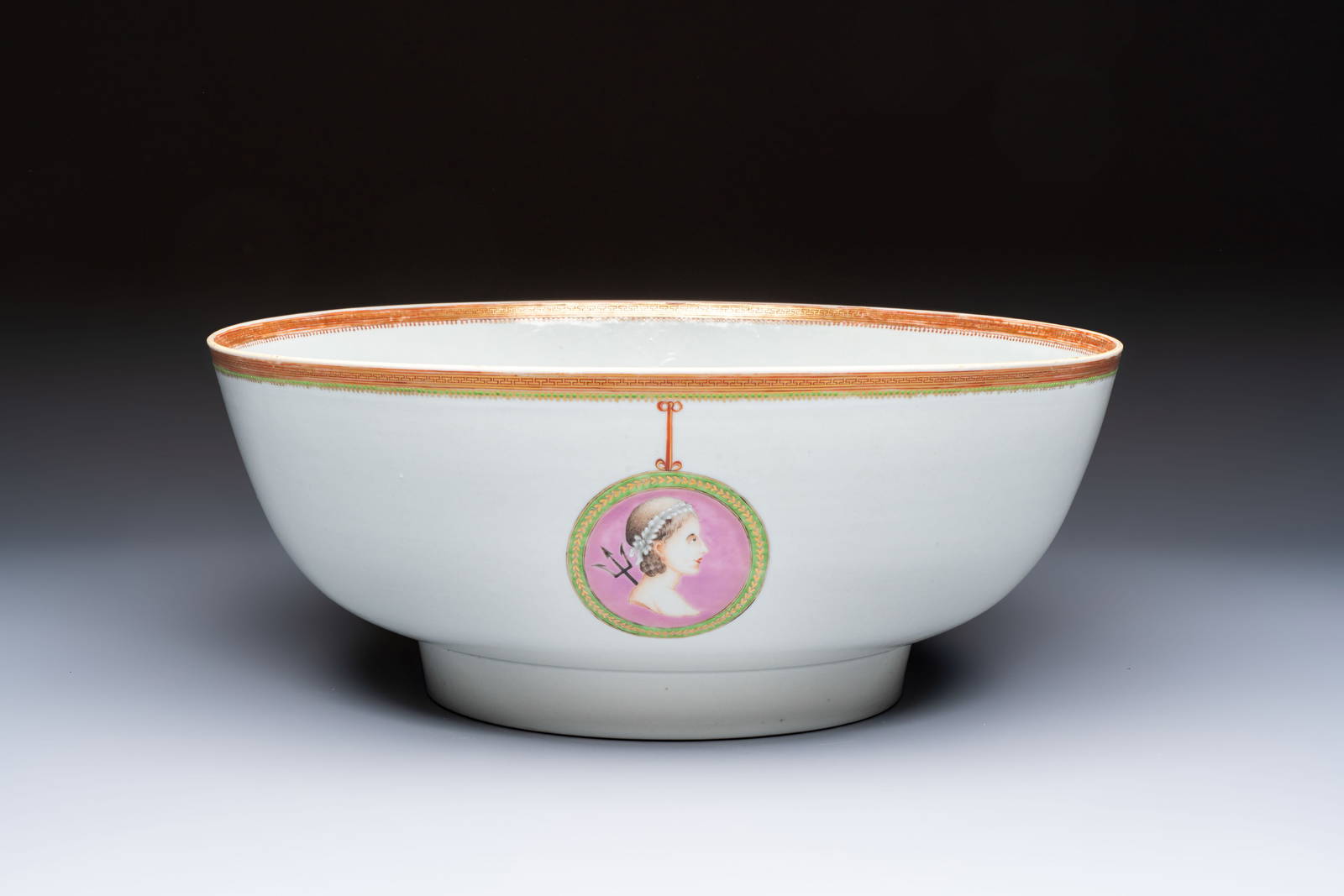 A rare and large Chinese famille rose 'Mythological Subject' punch bowl for the Danish market,