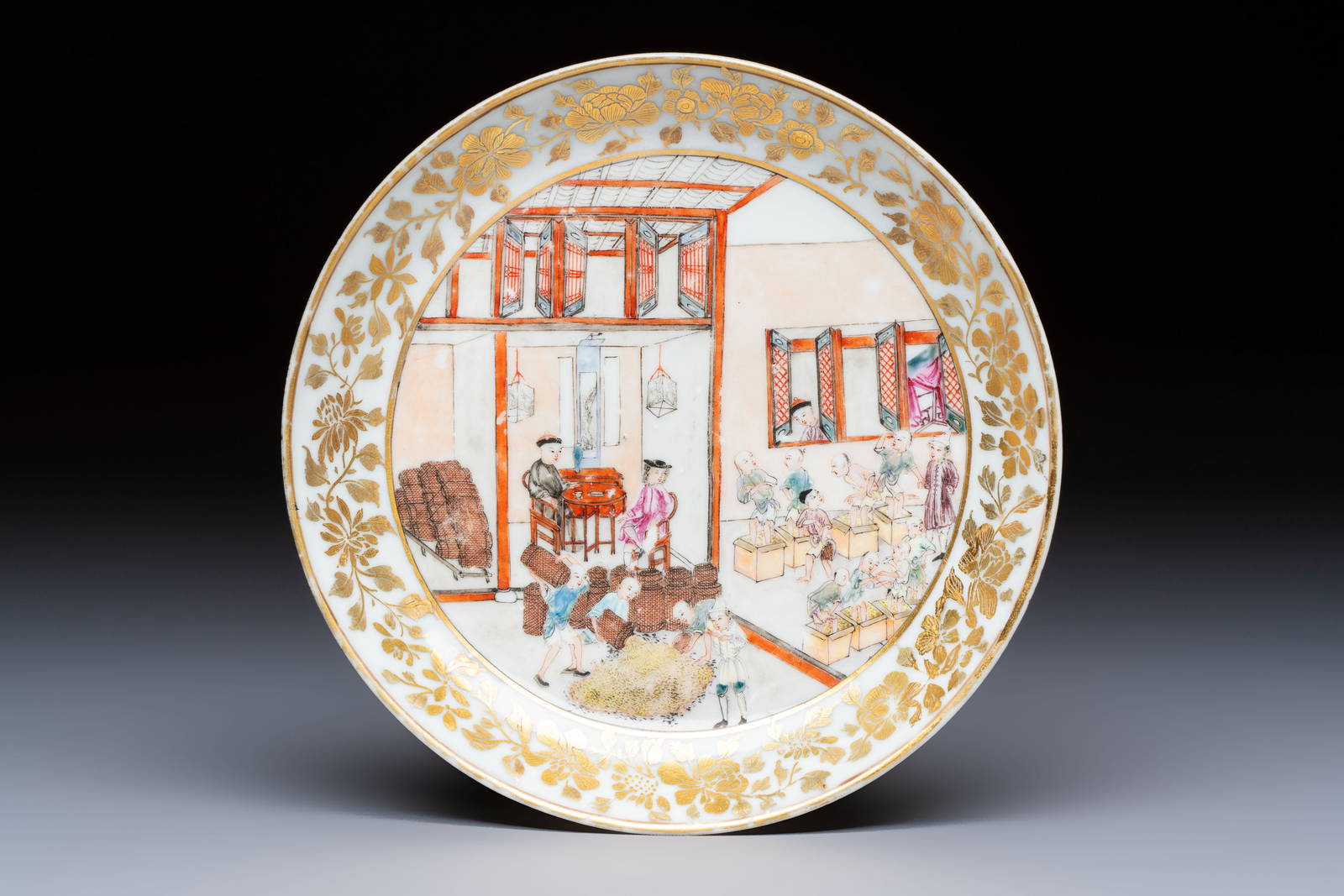 A very rare Chinese famille rose gilt-decorated 'Tea Packing' saucer, Qianlong, ca. 1745