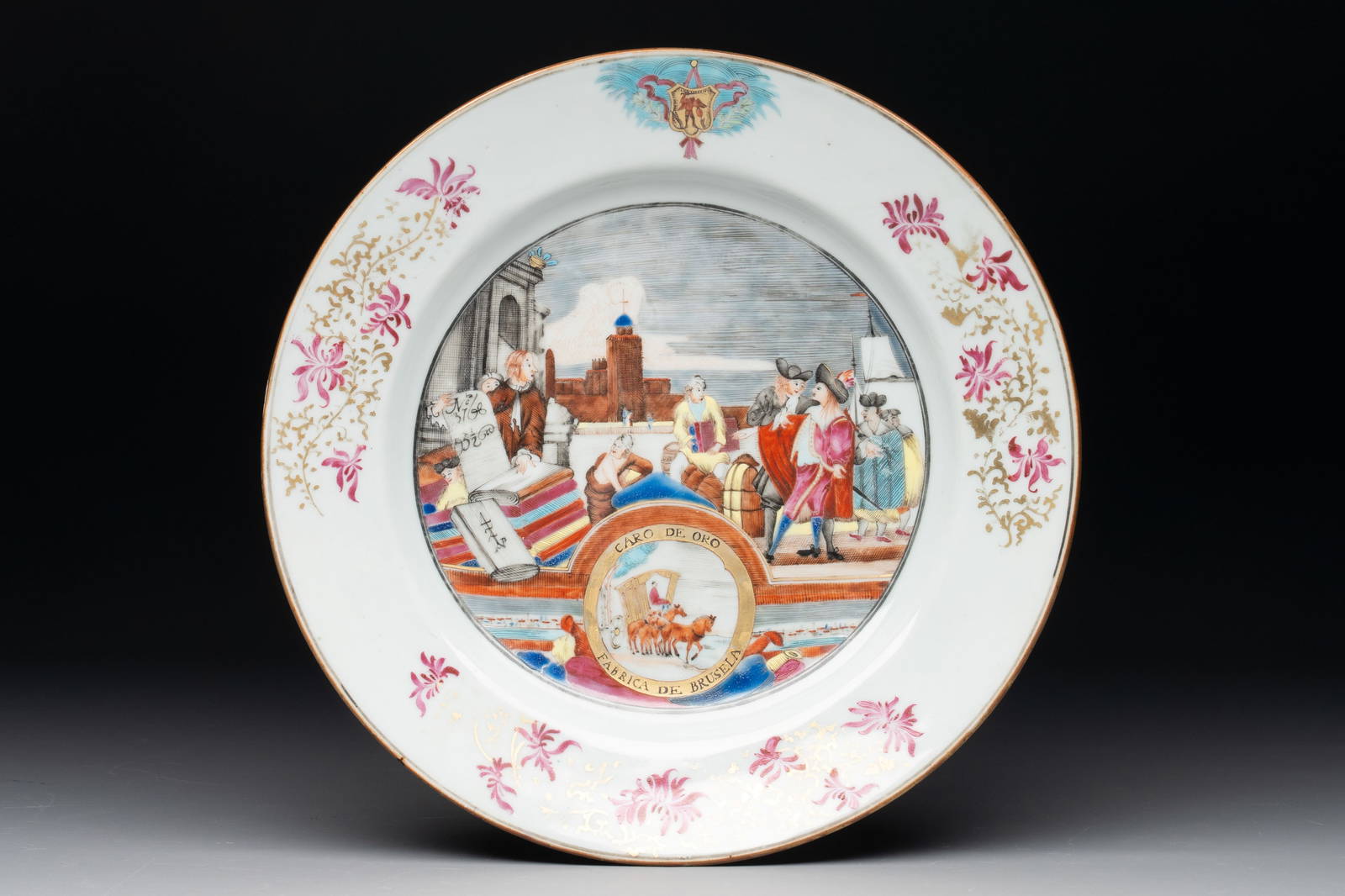 A rare Chinese famille rose 'Brussels Clothtraders' plate, Qianlong, ca. 1740-1750