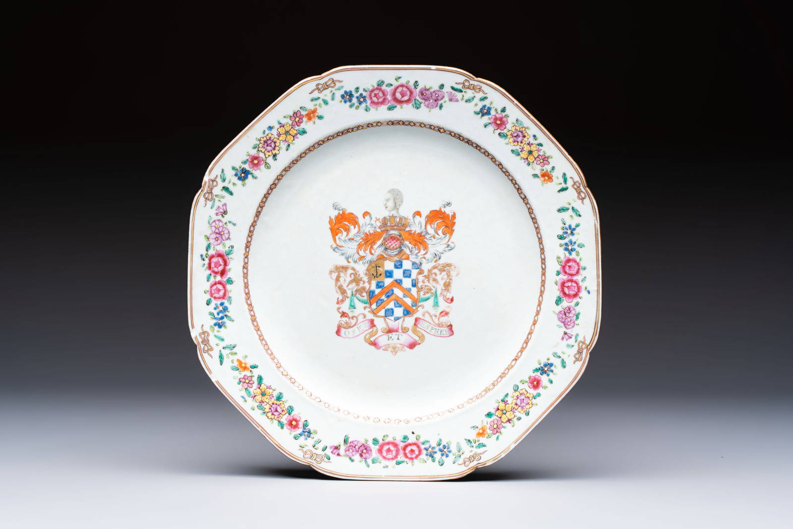 A Chinese famille rose armorial plate with the arms of Clerke for the English market, Qianlong, ca.