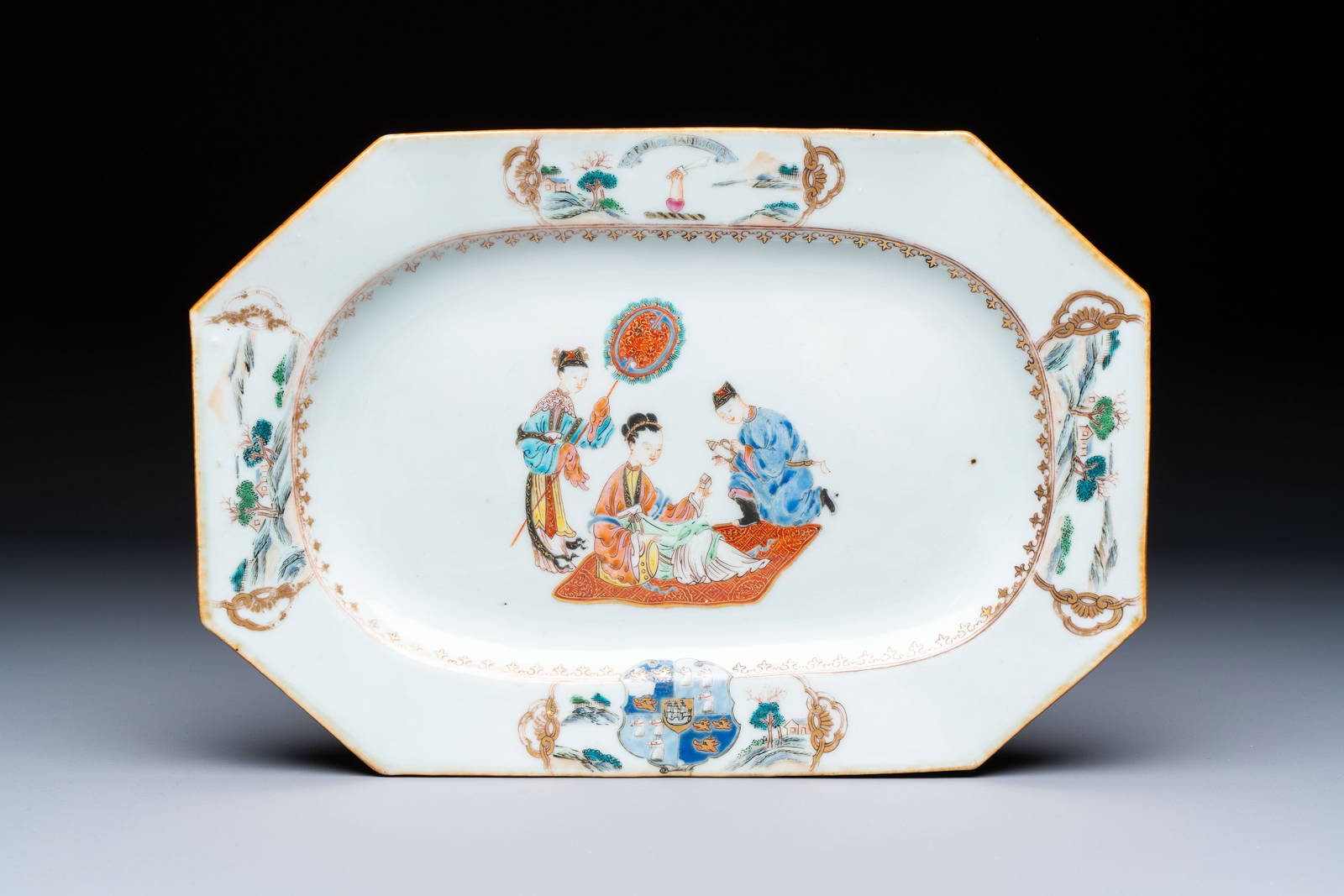 A Chinese gilt-decorated famille rose armorial dish with the arms of Gordon quartering Forbes for