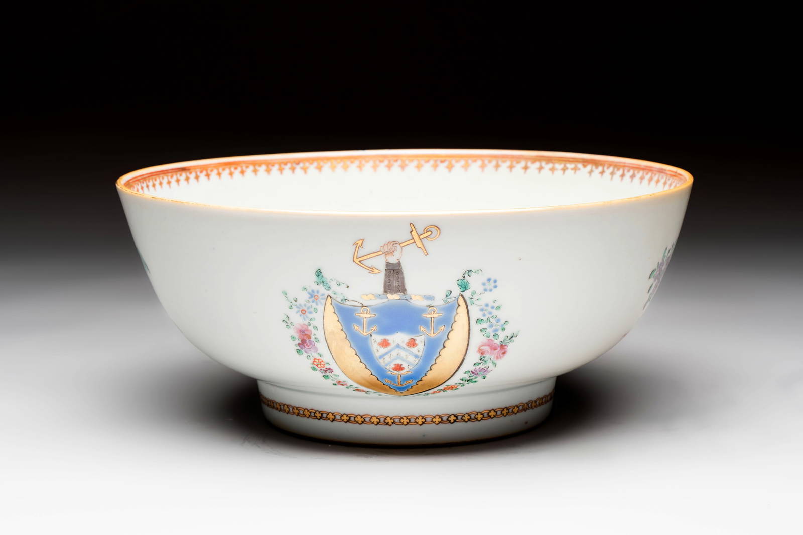 A Chinese famille rose armorial bowl with the arms of Byde with Hope in pretense, Qianlong, ca. 1775