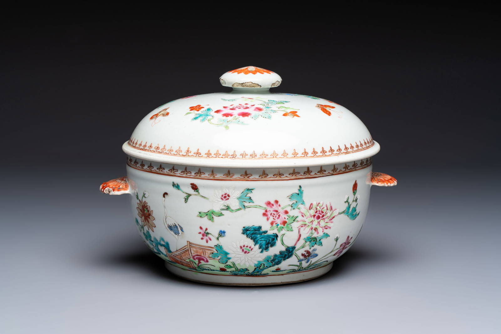 A Chinese famille rose ‘Crane in a Garden’ tureen and cover, Qianlong