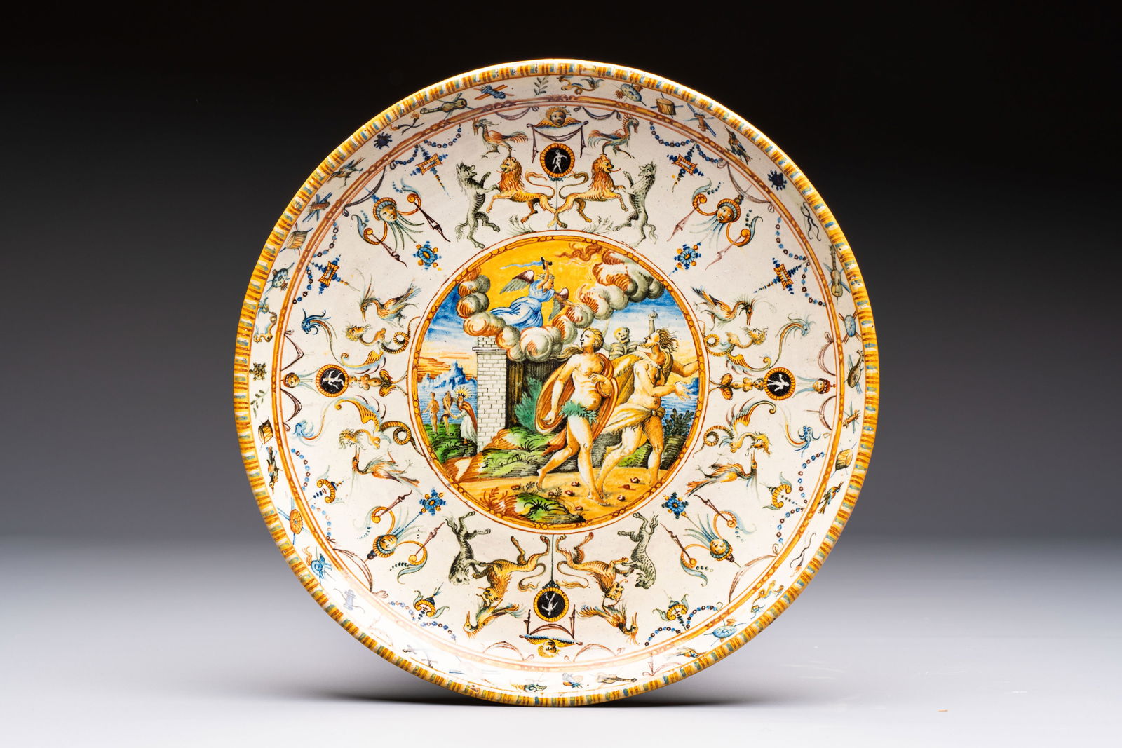 A fine Italian maiolica 'Expulsion from Paradise' dish, Benucci e Latti workshop, Pesaro, early 19th (1 of 2)