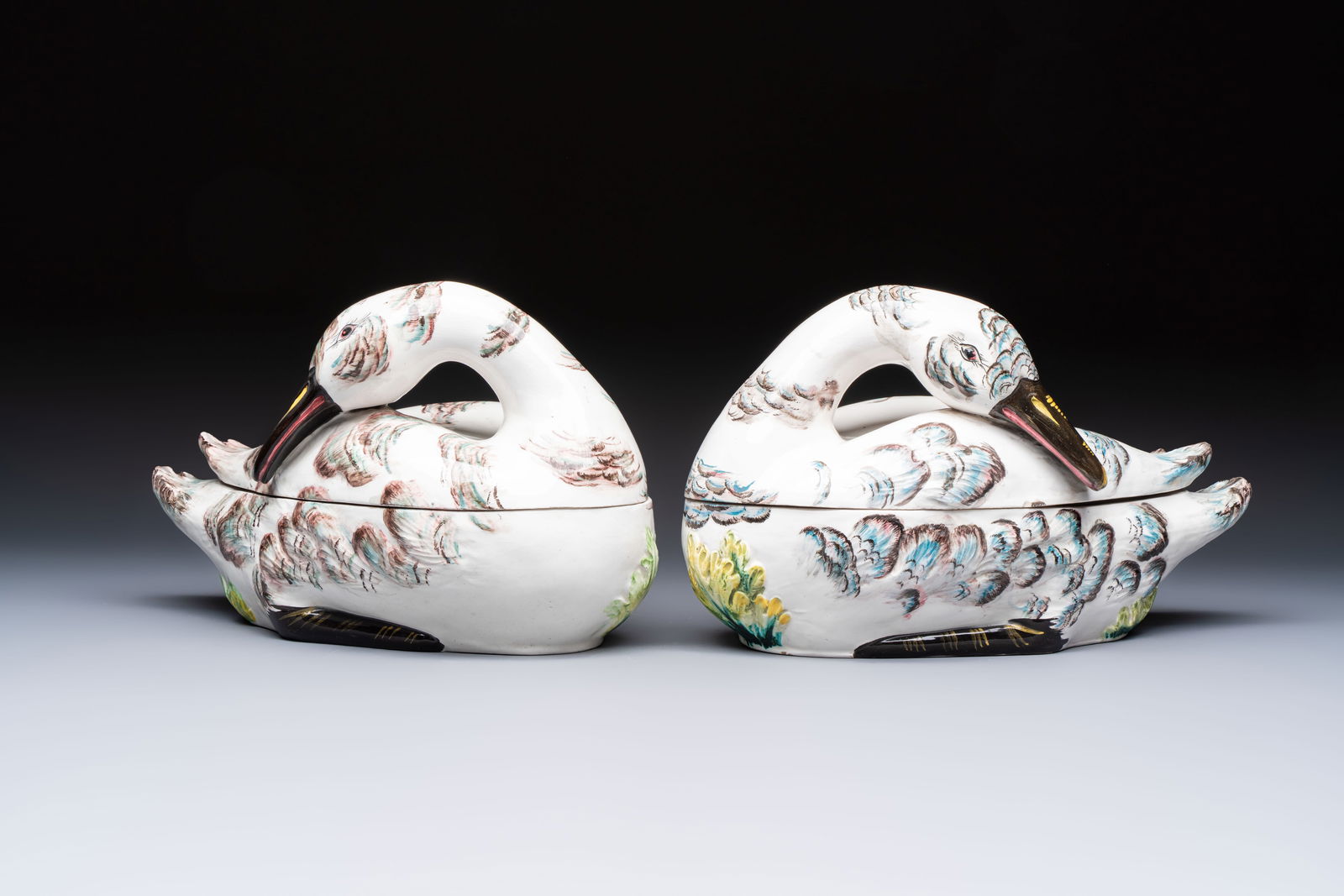 A pair of polychrome Italian faience goose-form tureens and covers, Bassano del Grappa, 19th C. (1 of 12)