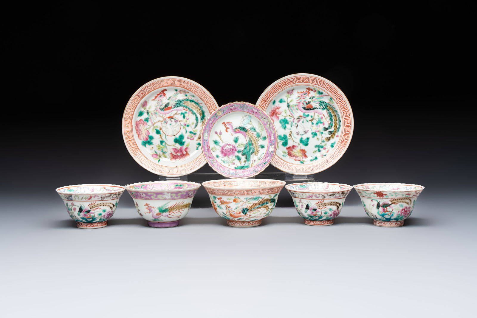 Five Chinese famille rose 'Phoenix and Peony' cups and three saucers for the Peranakan market, (1 of 9)