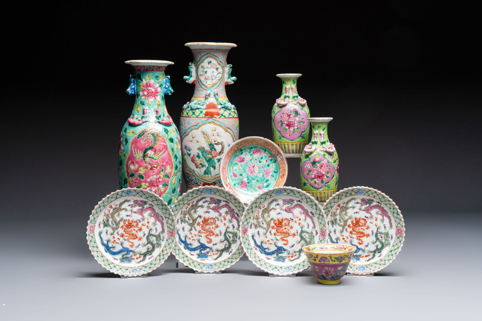 A group of 10 Chinese famille rose wares for the Straits or Peranakan market, various marks, 19/20th (1 of 20)