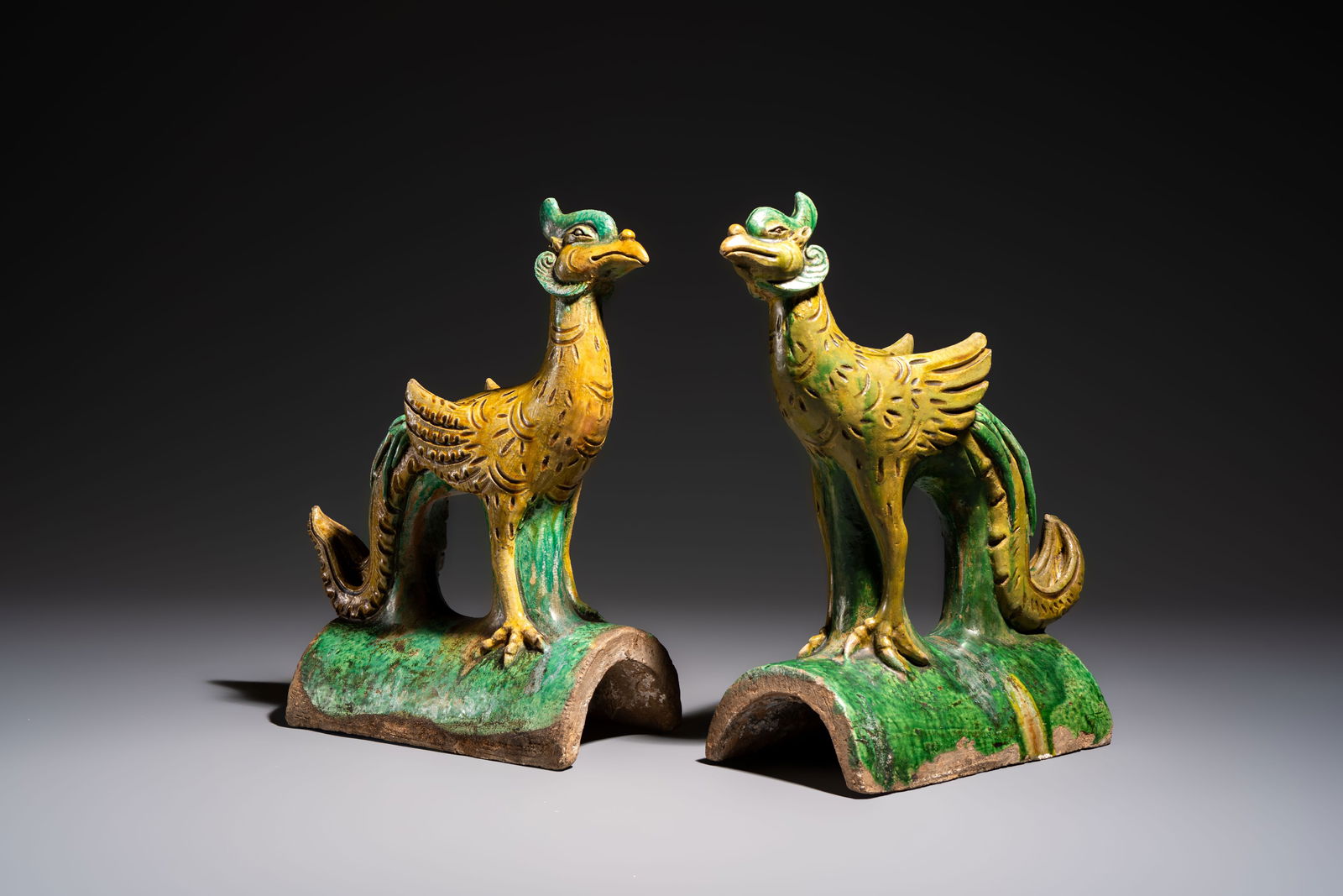 A pair of Chinese sancai-glazed 'Phoenix' roof tiles, Ming (1 of 8)