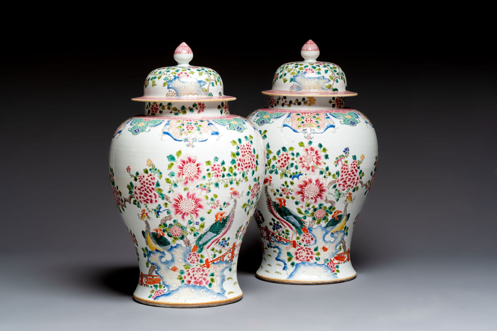 A pair of Chinese famille rose 'Phoenixes among Flowering Branches' vases and covers, 19th C. (1 of 7)