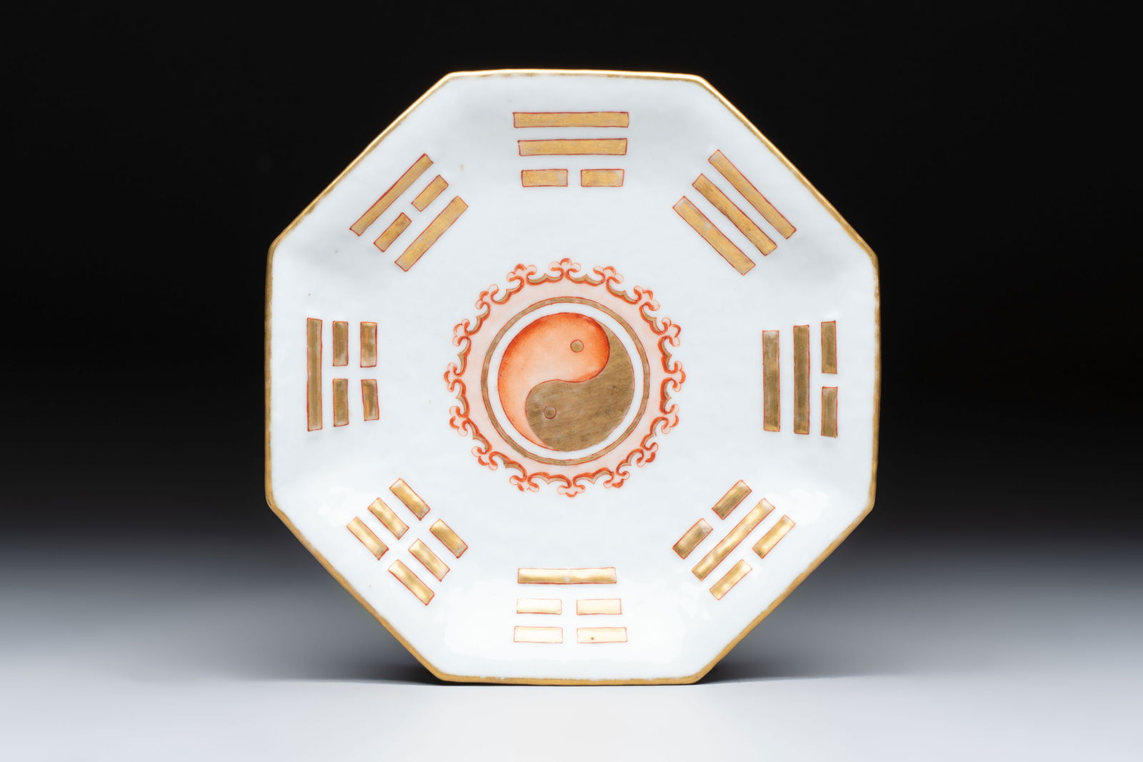 A fine Chinese famille rose gilt-decorated 'trigram' tazza, Tongzhi mark and of the period (1 of 7)