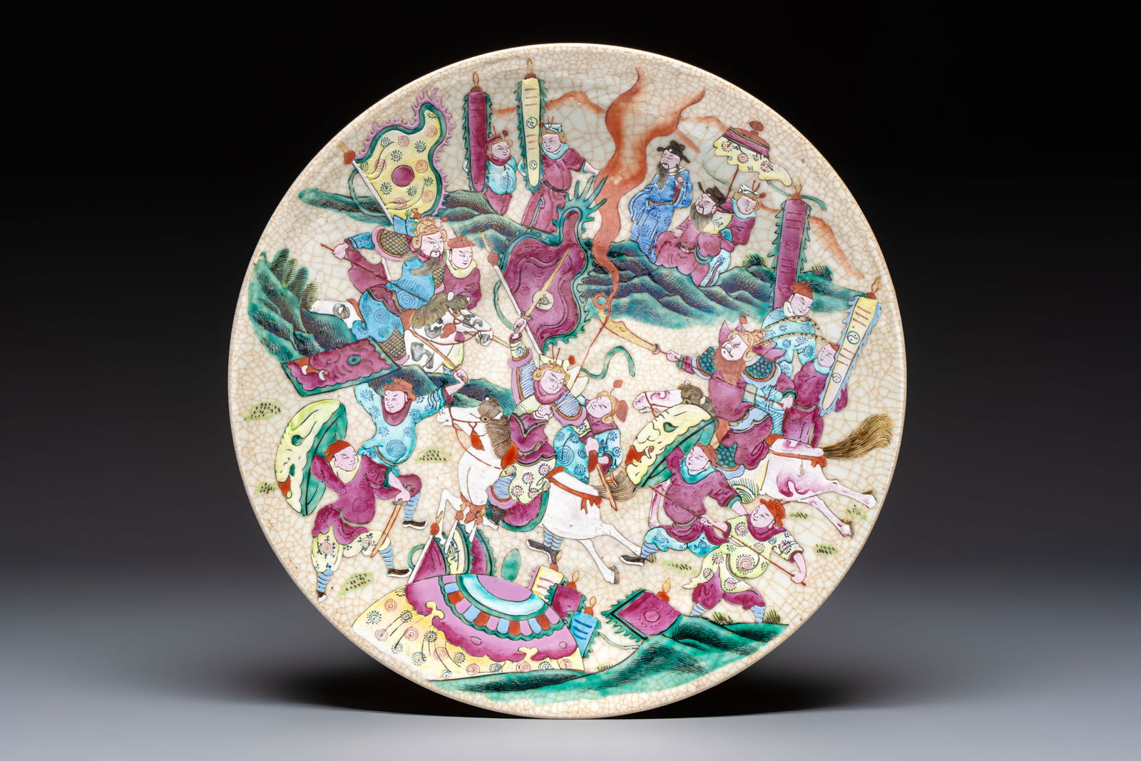 A Chinese Nanking famille rose 'Romance of the Three Kingdoms' dish, Chenghua mark, 19th C. (1 of 2)