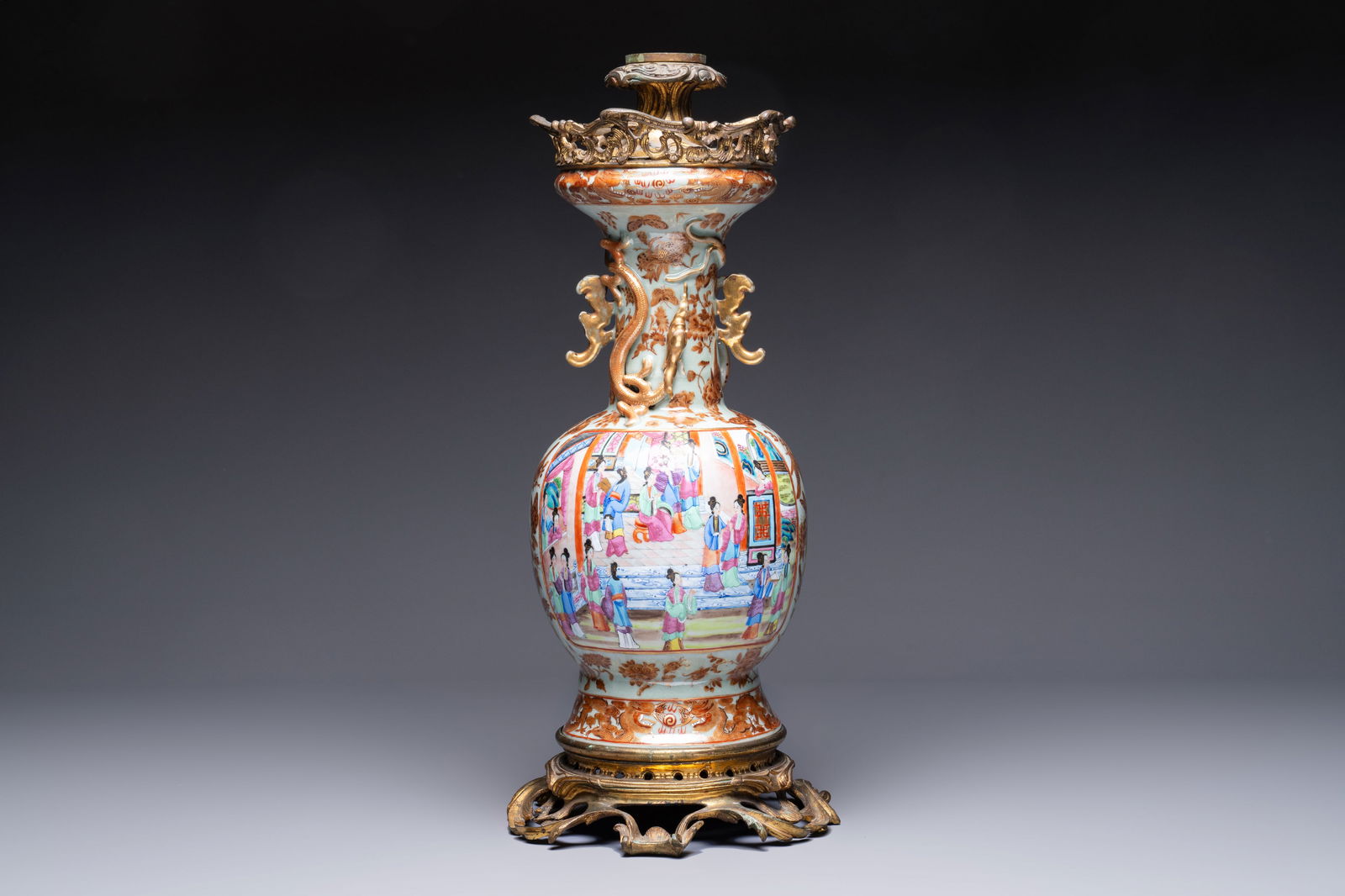 A gilt-bronze-mounted Chinese Canton famille rose celadon-ground vase, 19th C. (1 of 6)