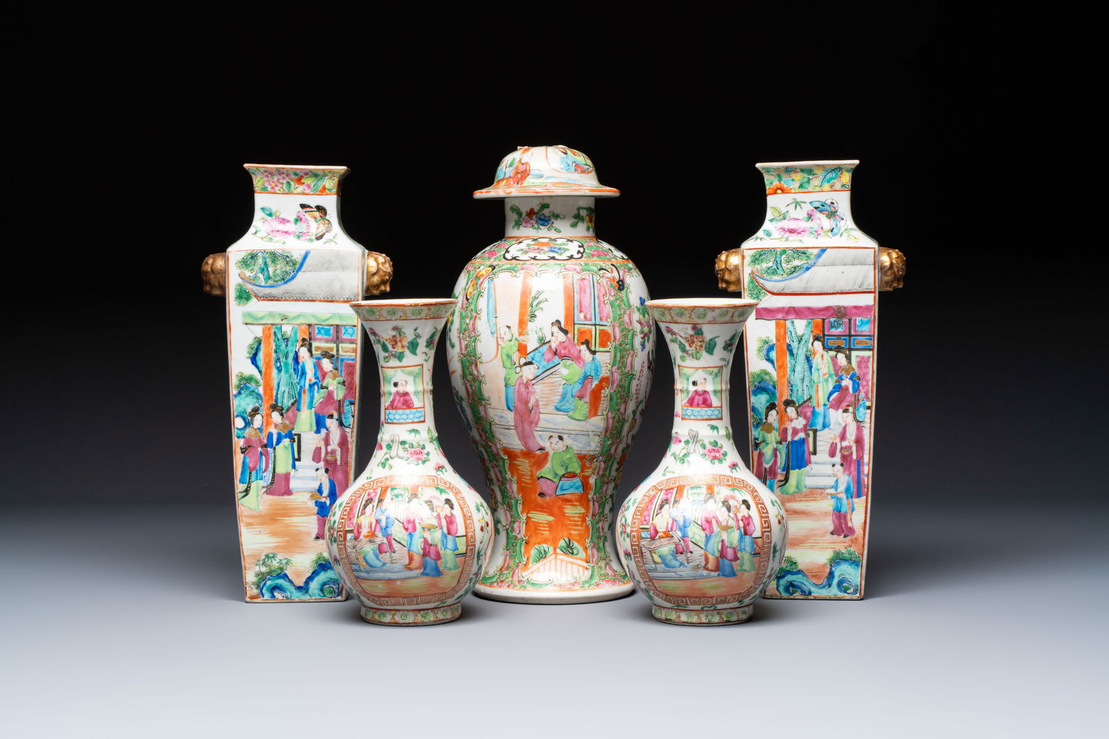 Five Chinese Canton famille rose vases with narrative design, 19th C. (1 of 19)