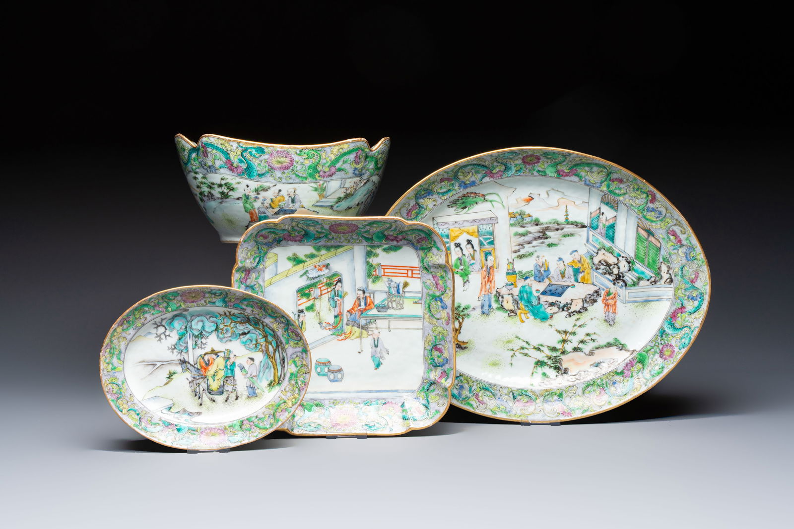 Two Chinese Canton famille verte serving dishes, a square bowl and stand with figural design, 19th (1 of 11)