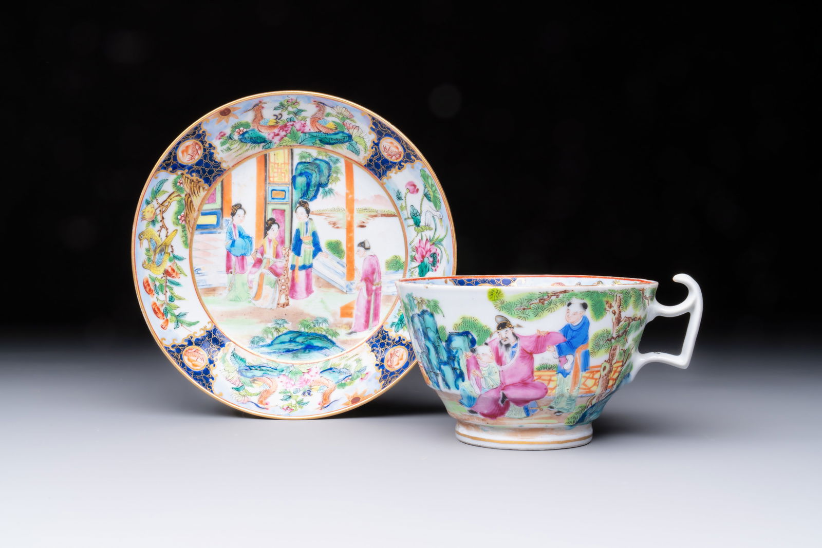 A highly unusual Chinese Canton famille rose cup and saucer, 19th C. (1 of 9)