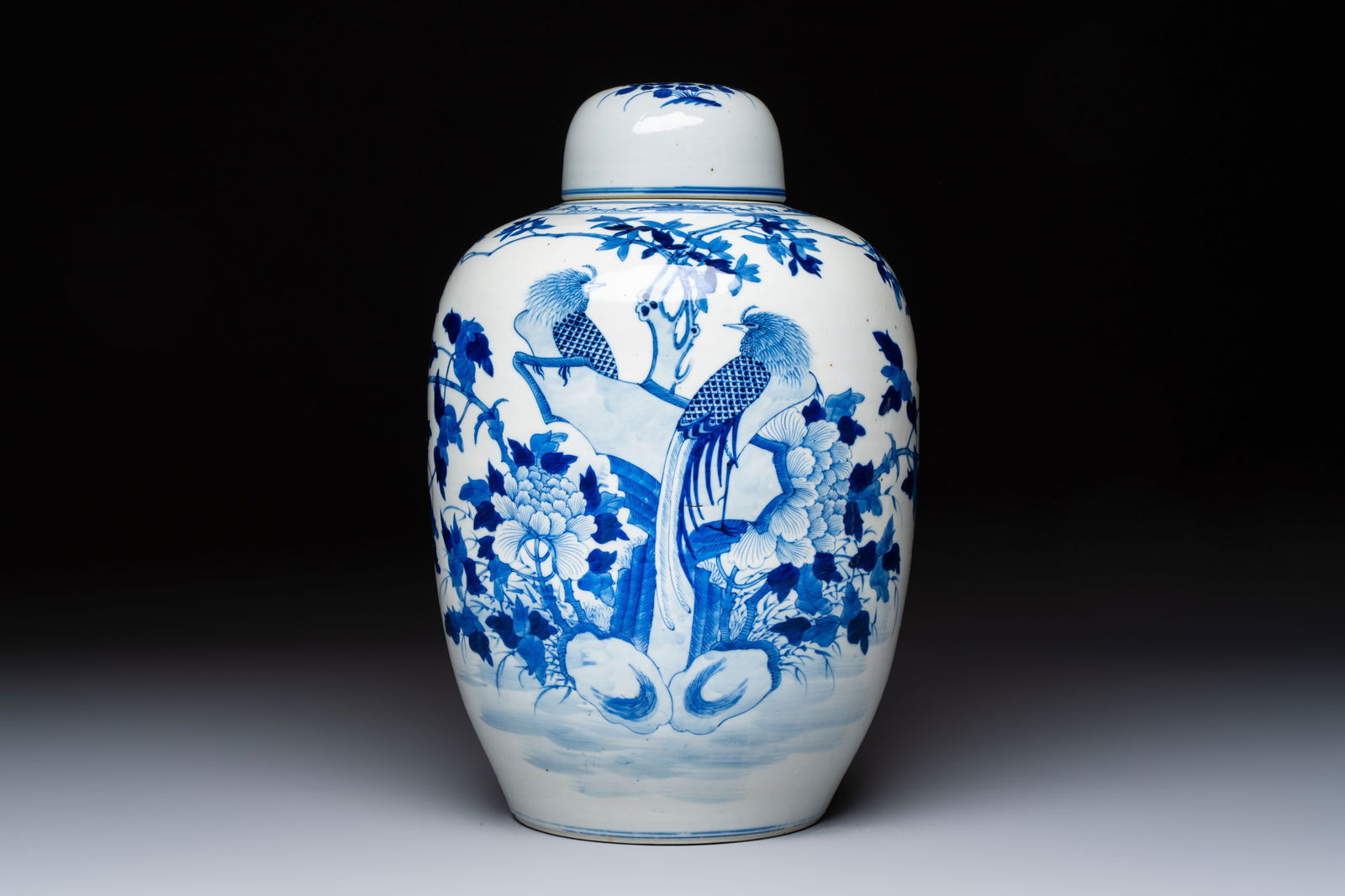A Chinese blue and white 'Pheasants among Flowering Branches' jar and cover, 19th C. (1 of 6)